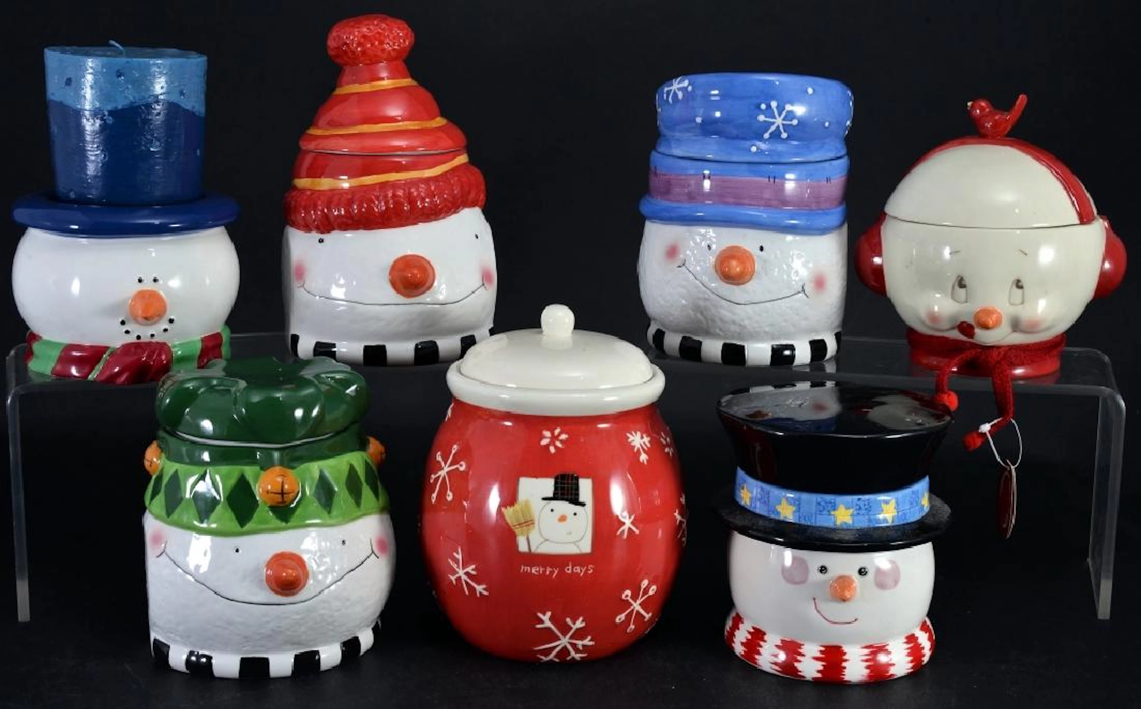 7 Snowmen Cookie/Covered Jars & Candle Holder