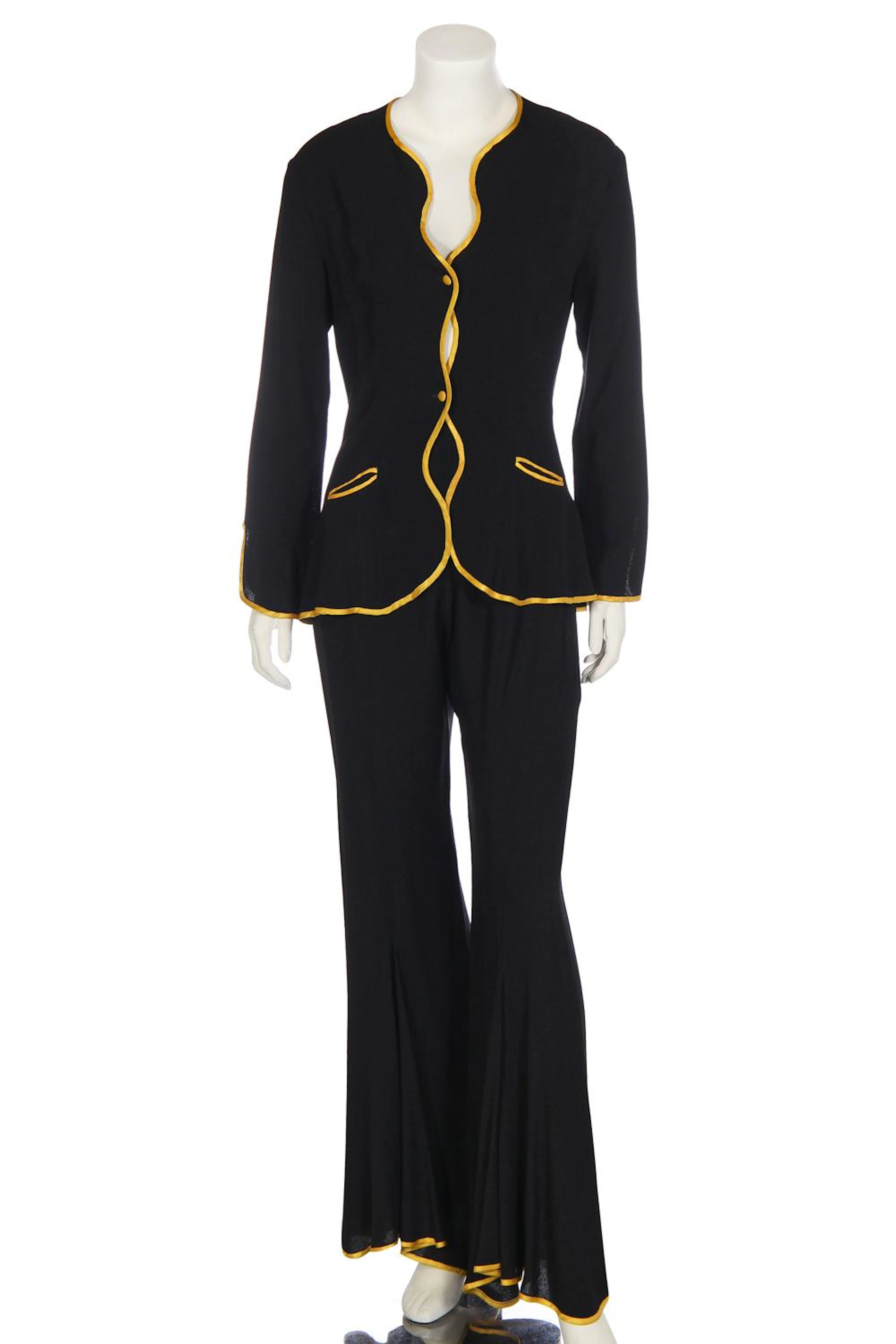 An Ossie Clark for Radley black moss crêpe 'Judy' trouser suit, early 1970s,