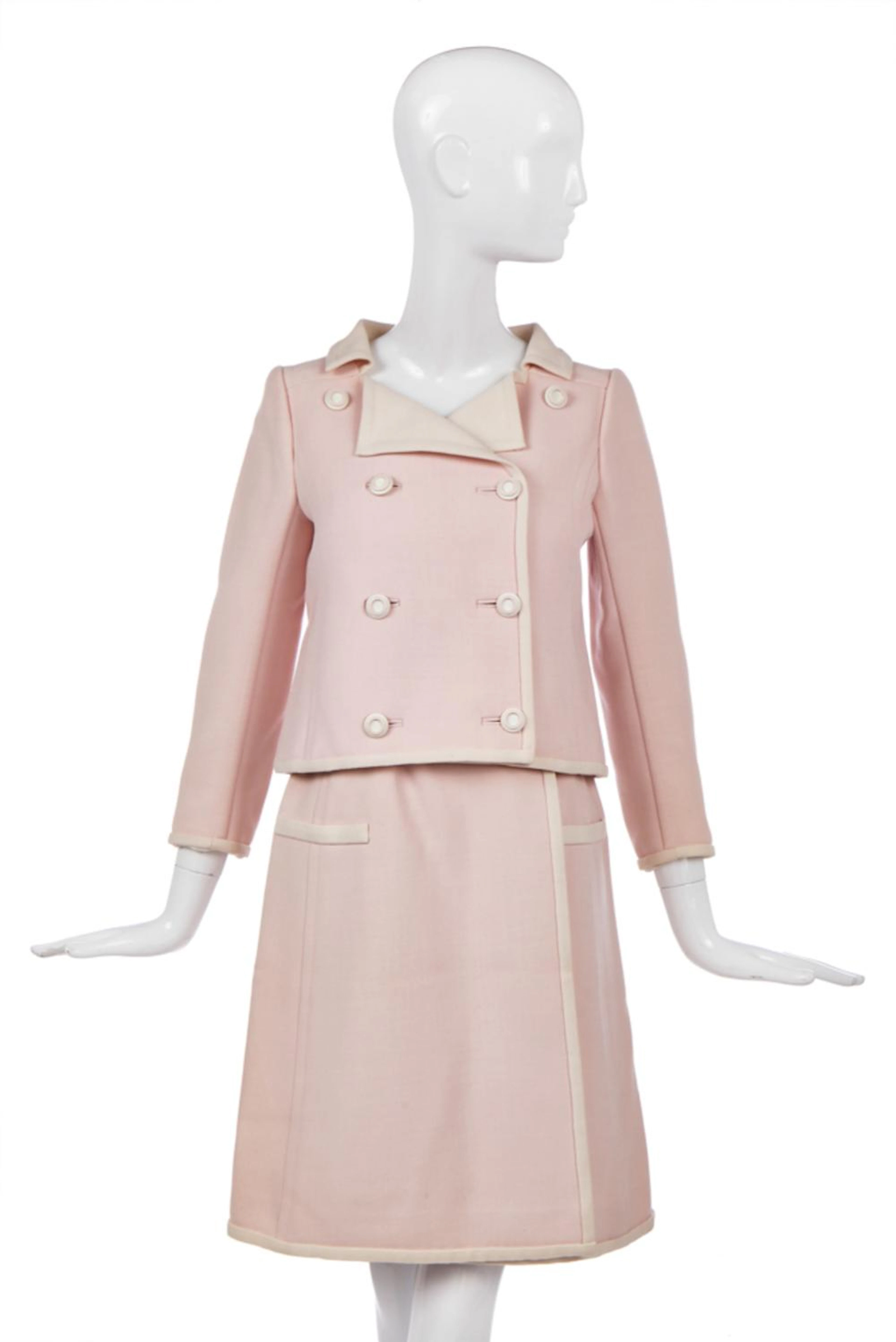 A Courrèges couture double-breasted pink wool suit, Spring-Summer 1965,