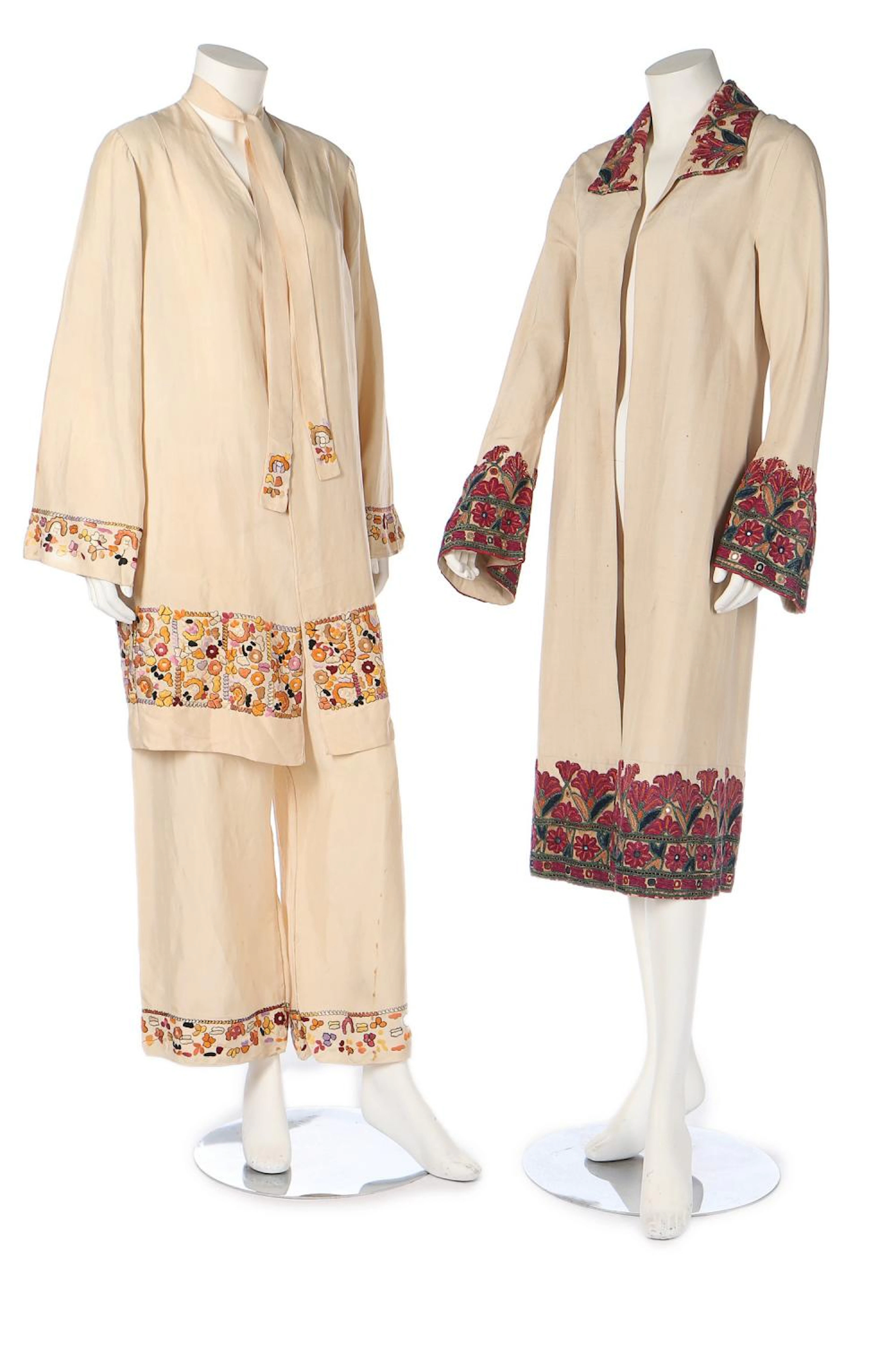 Two ivory silk summer coats with ethnic embroideries, late 1920s; the first