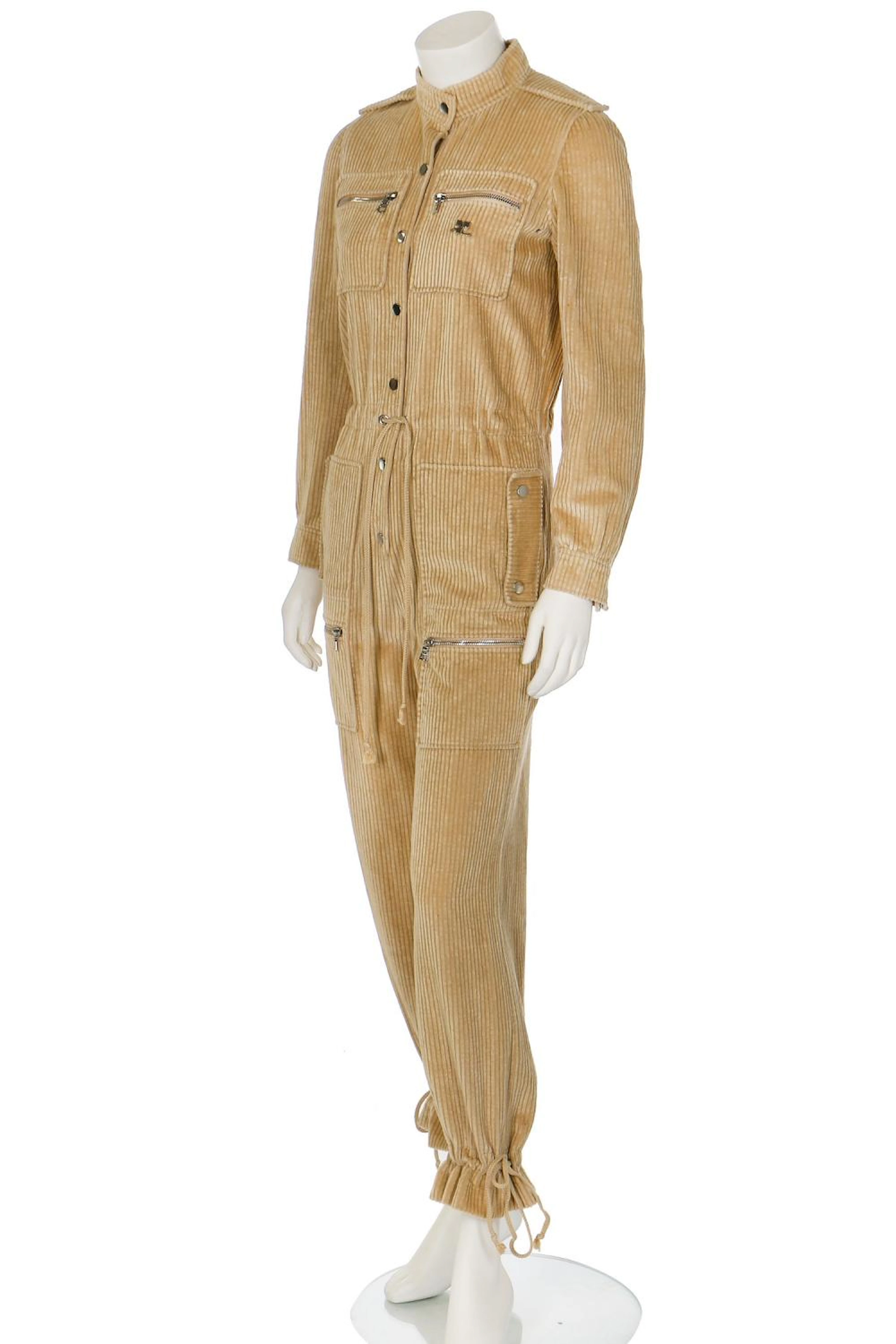 An André Courrèges man's tan jumbo-needlecord jumpsuit, circa 1970,