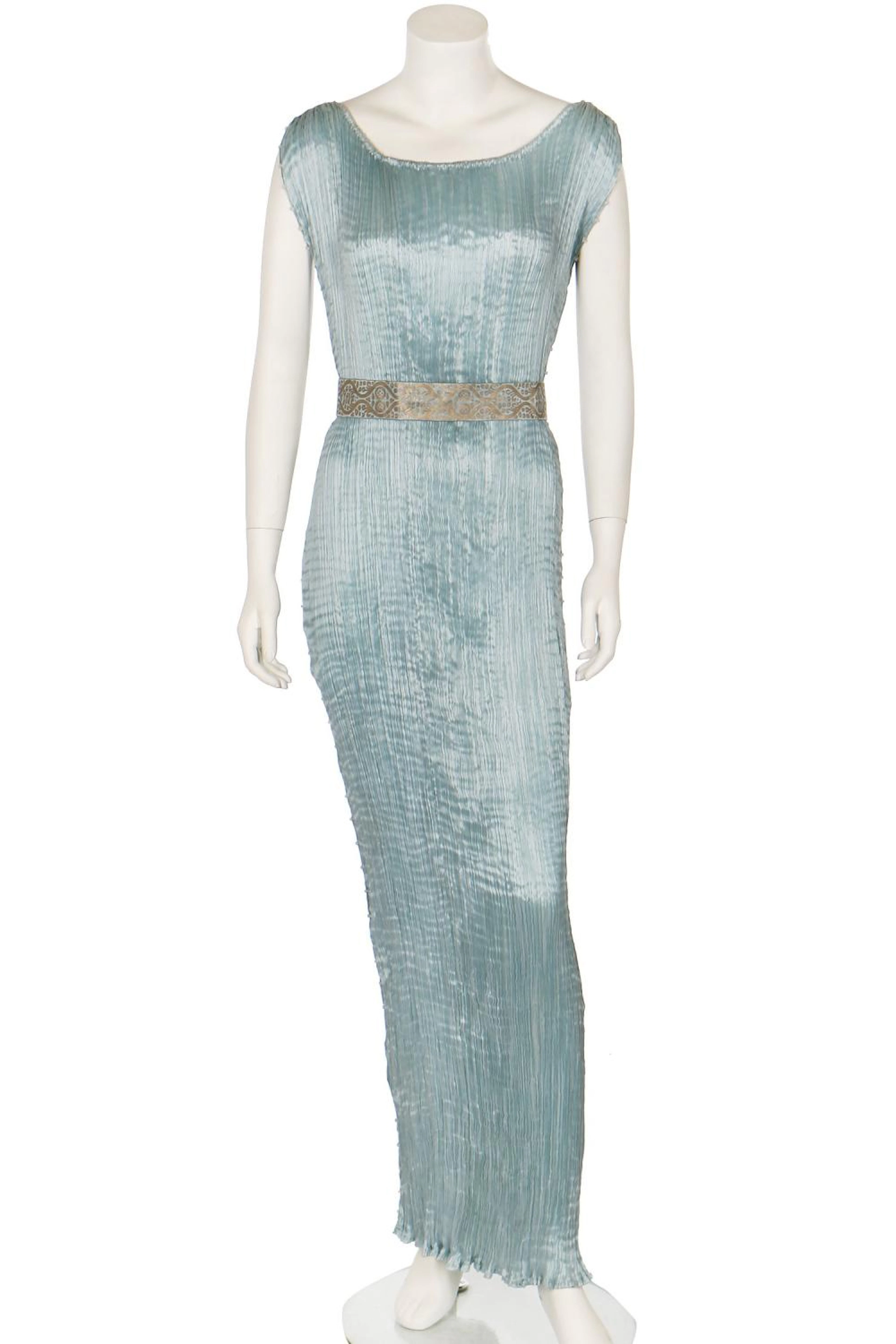 A good Mario Fortuny sky-blue pleated silk Delphos gown, 1920-30,