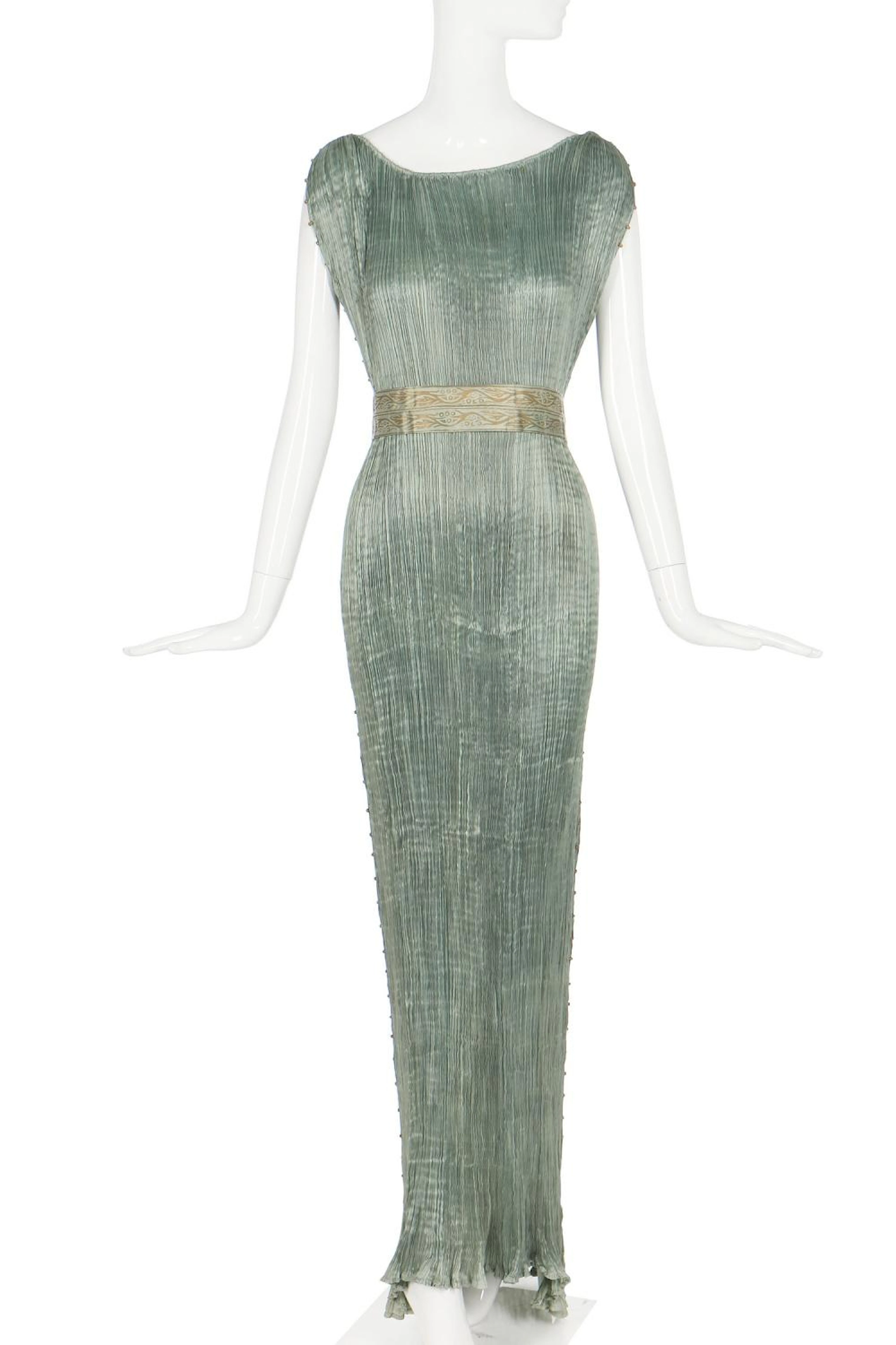 A good Mariano Fortuny pale sea-green pleated silk Delphos gown, 1920-30,