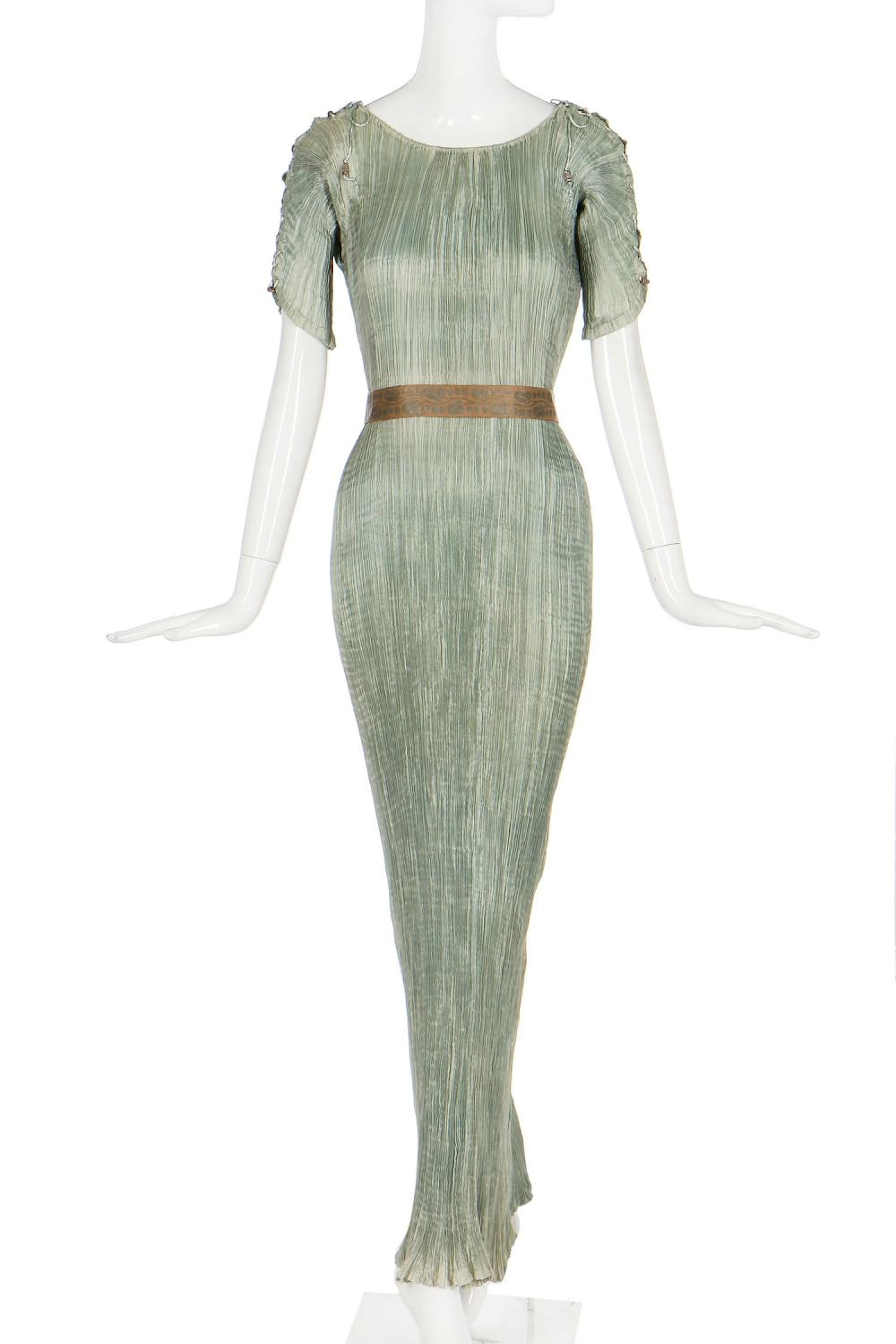 A Mariano Fortuny pale-aqua pleated silk Delphos gown, 1920-30,