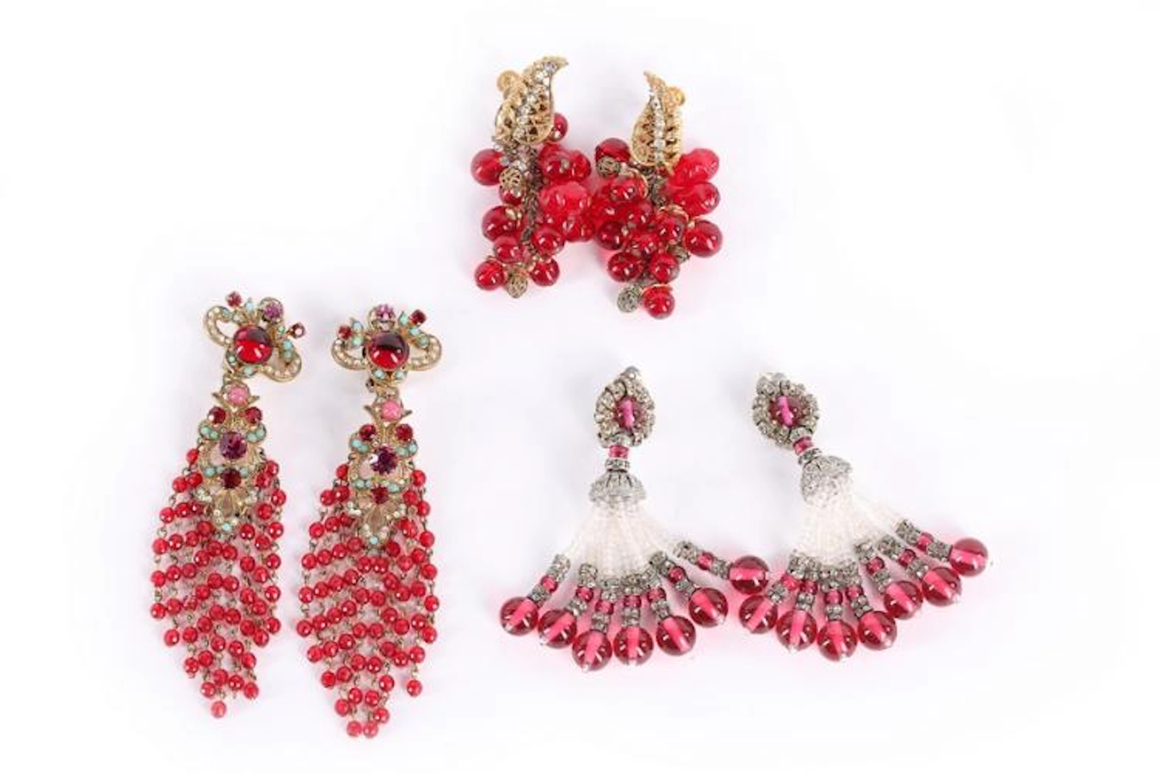 A pair of Miriam Haskell earrings, 1940s-50s, signed, with red glass beads