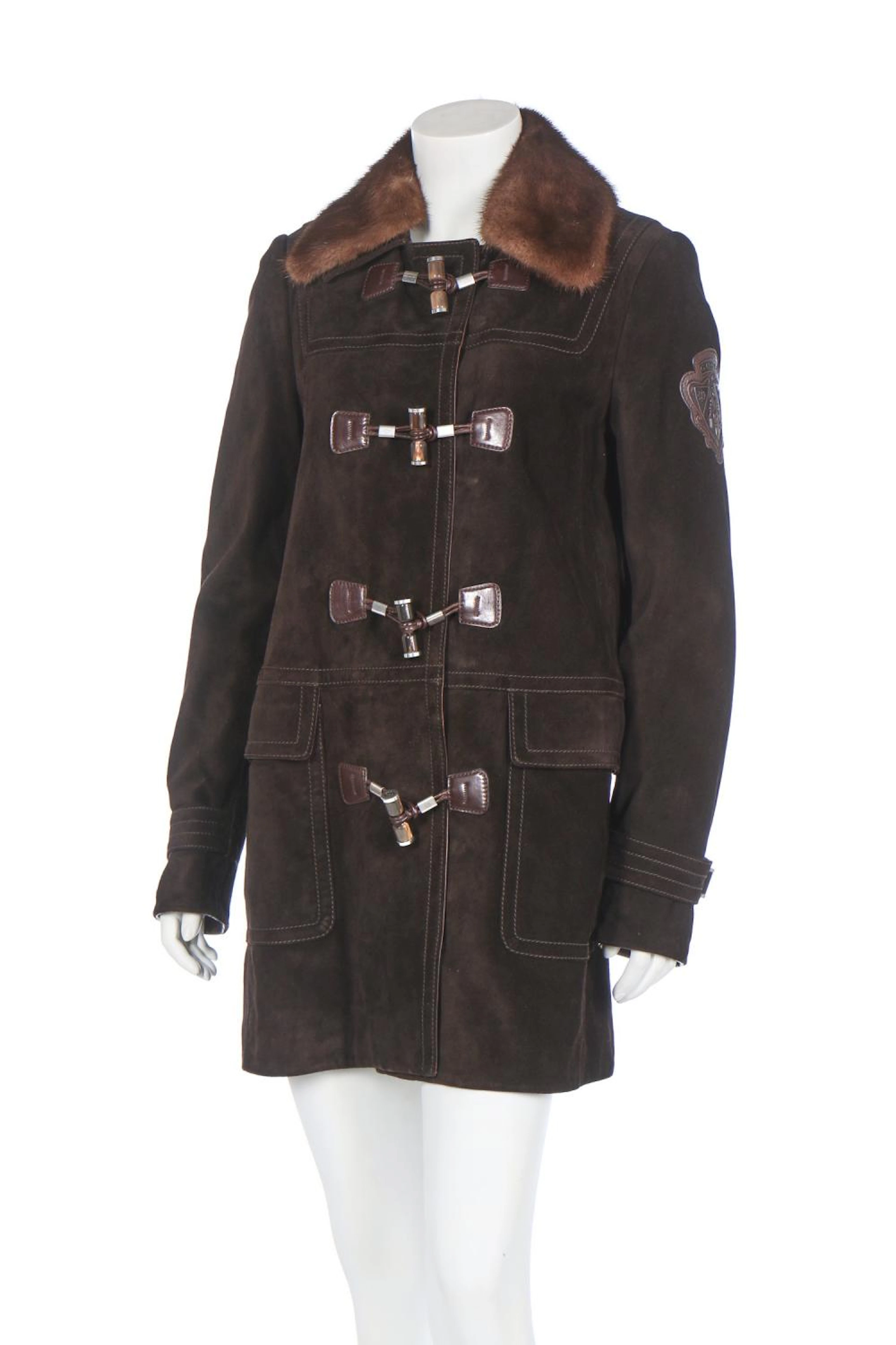 A Gucci brown suede jacket with detachable mink fur collar, modern,