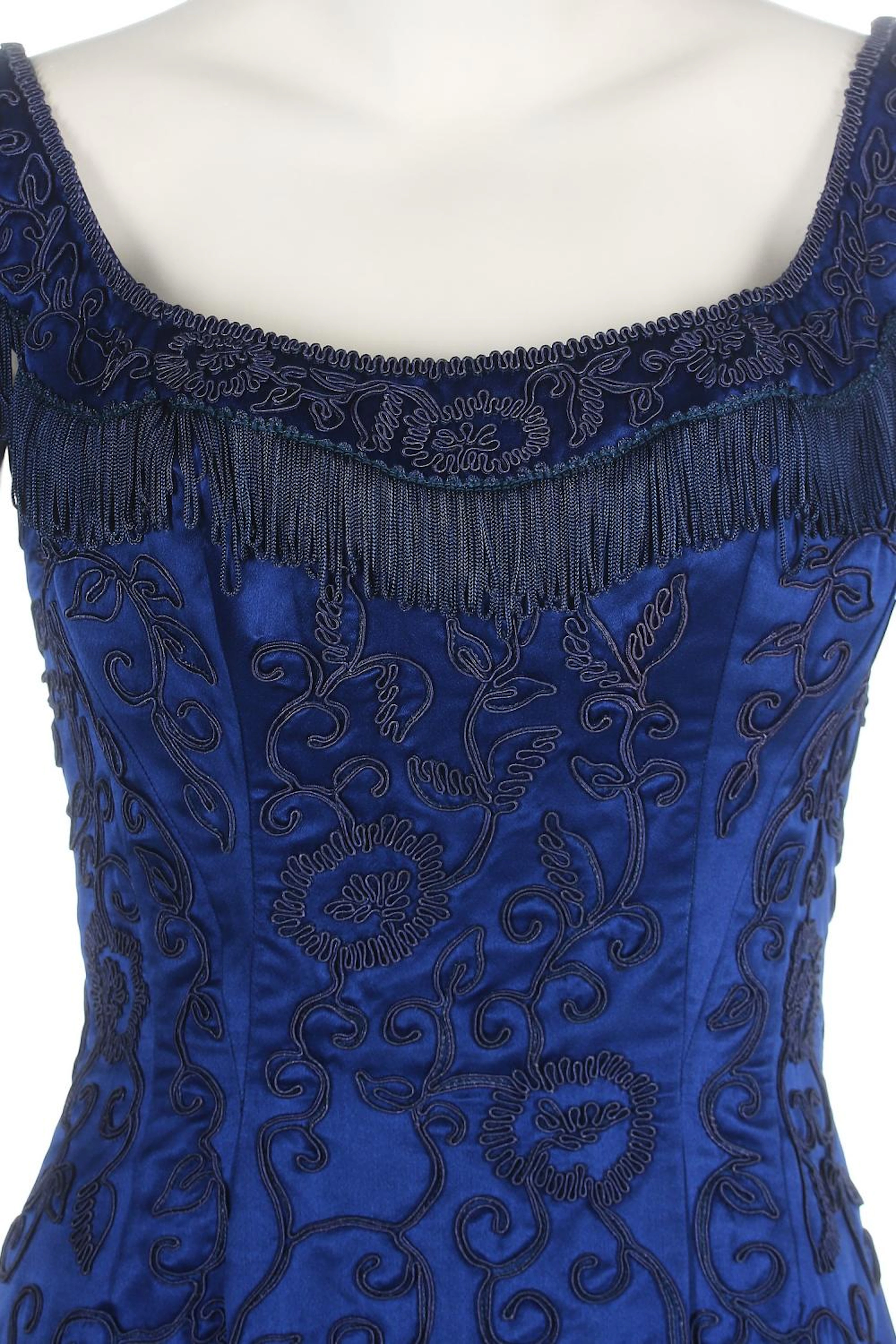 A Ceil Chapman blue satin and soutache braided wiggle dress, late 1950s