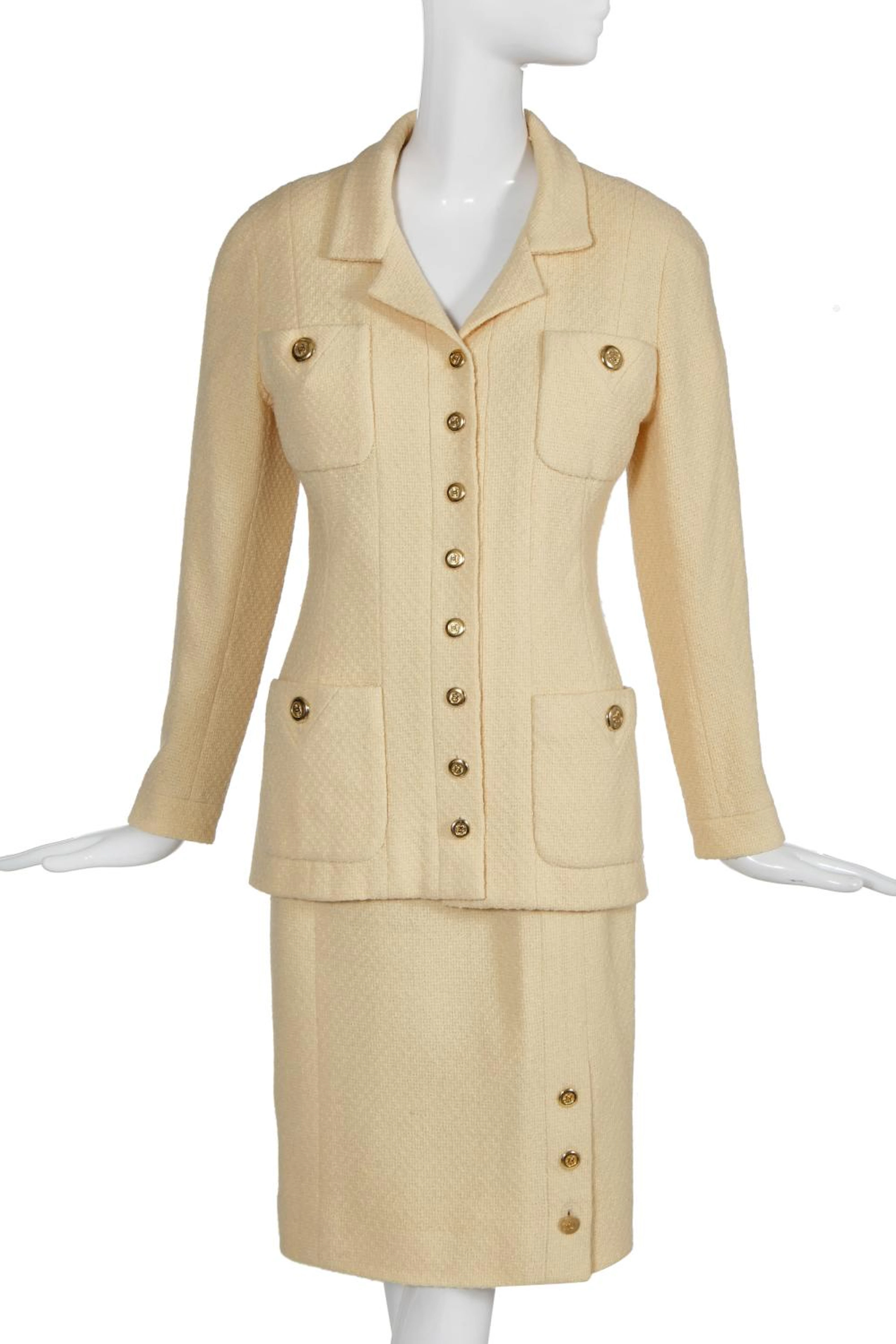 A Chanel pale yellow bouclé suit, early 1990s