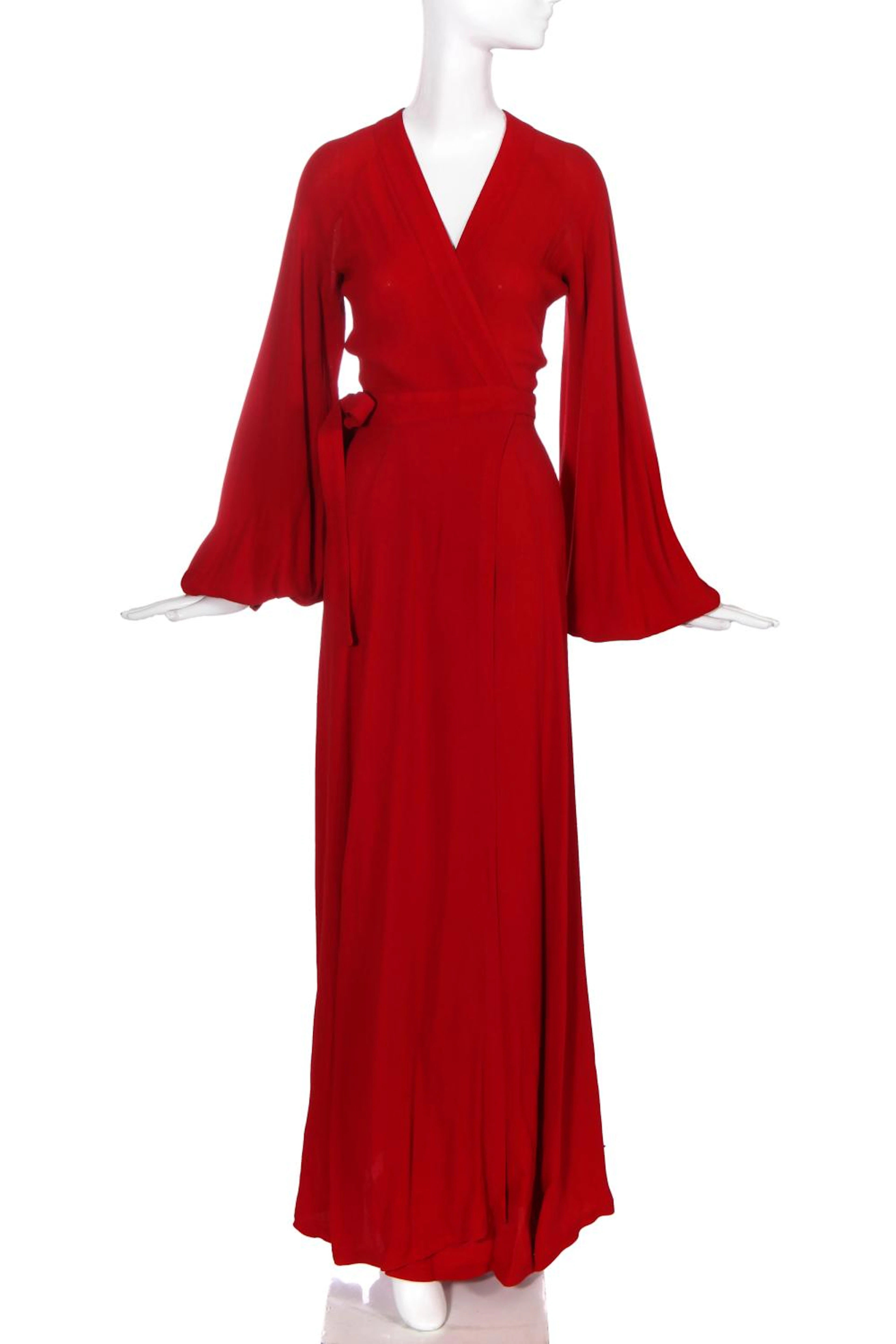 An Ossie Clark red moss crêpe 'Cuddly' wrap-over dress, mid 1970s,