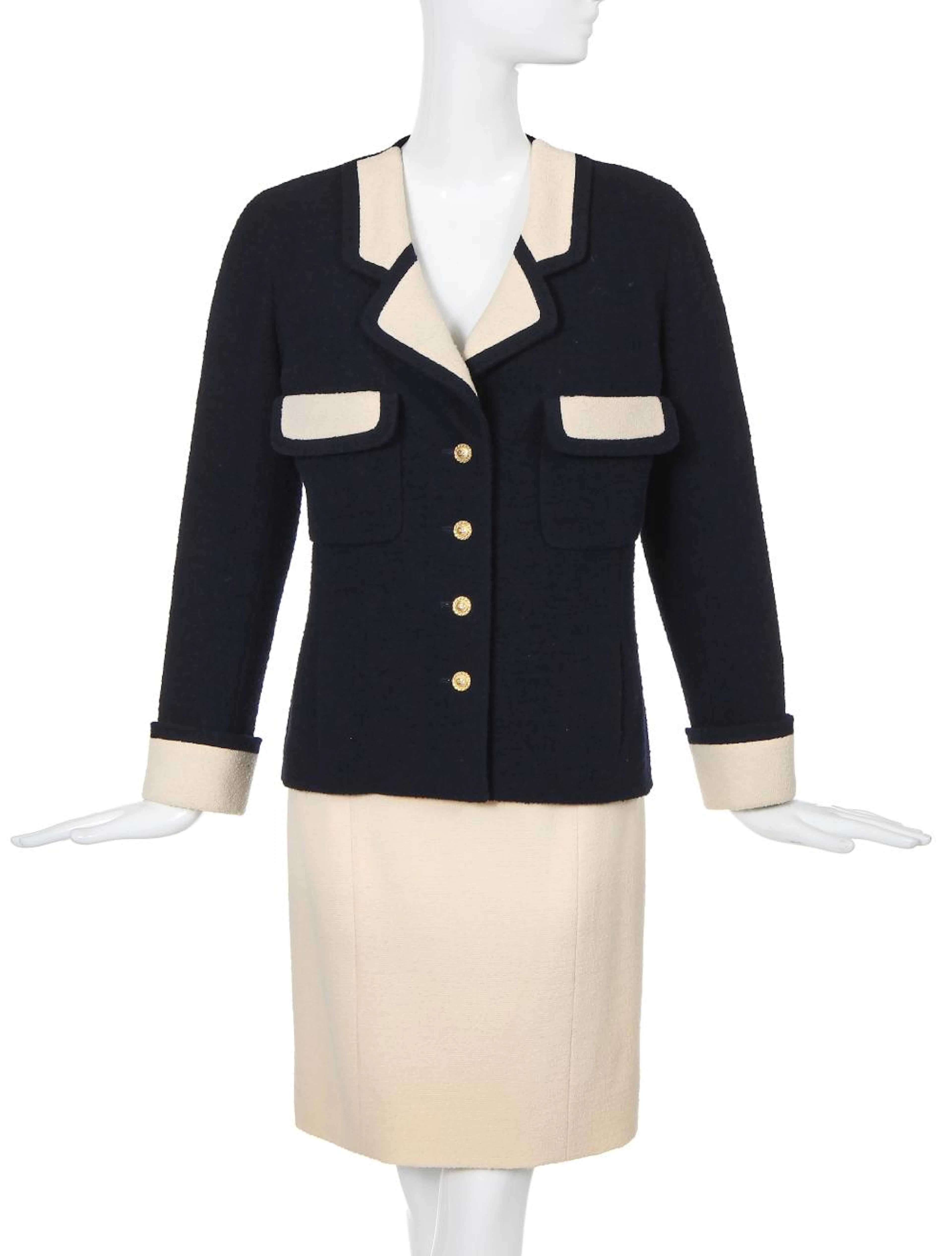 A Chanel navy and ivory bouclé wool suit, Spring-Summer 1991