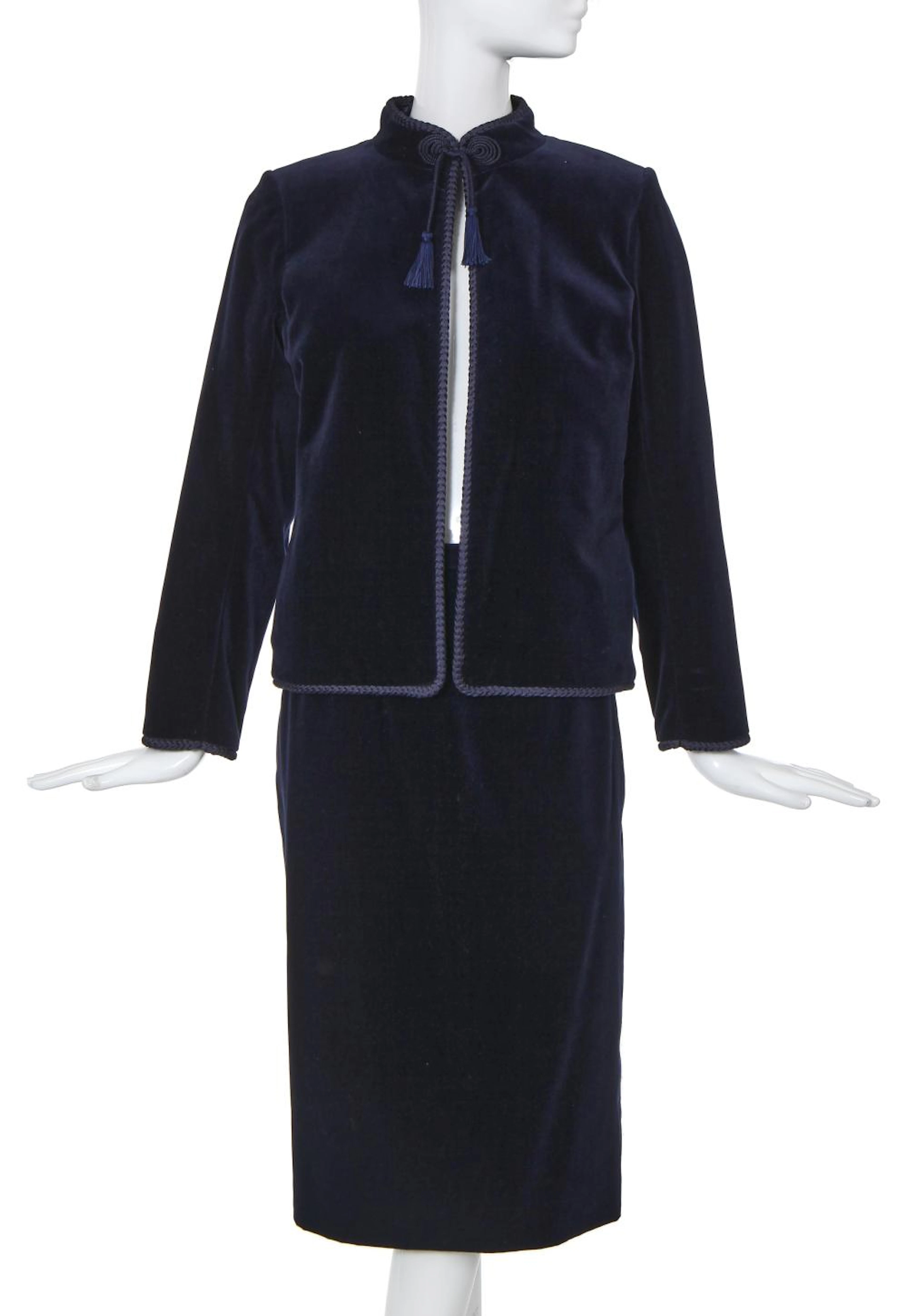A Chanel navy velvet cocktail suit, late 1970s-early 80s,