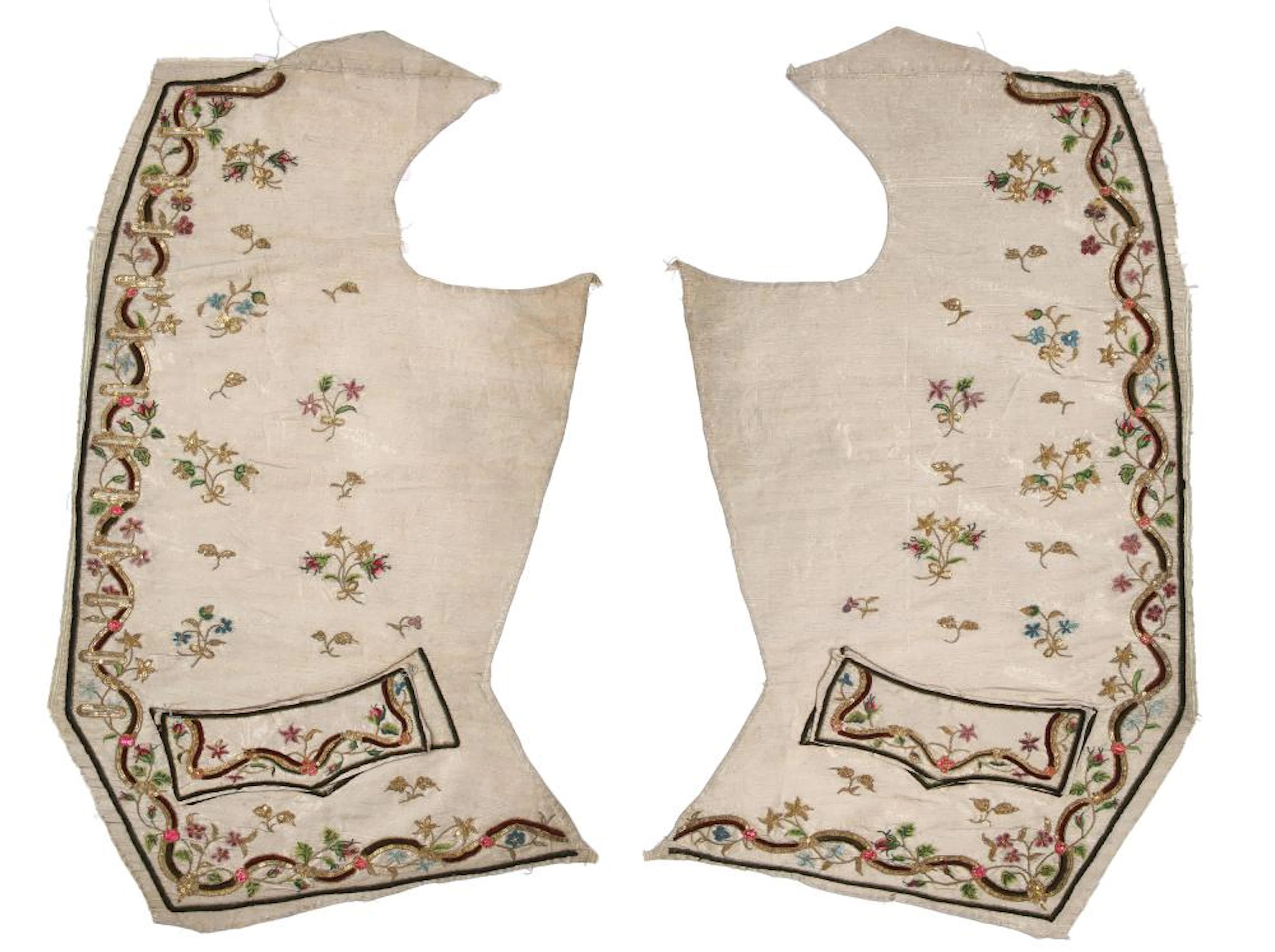 Embroidered but unfinished gentlemen's waistcoat panels, probably French, 1770s,