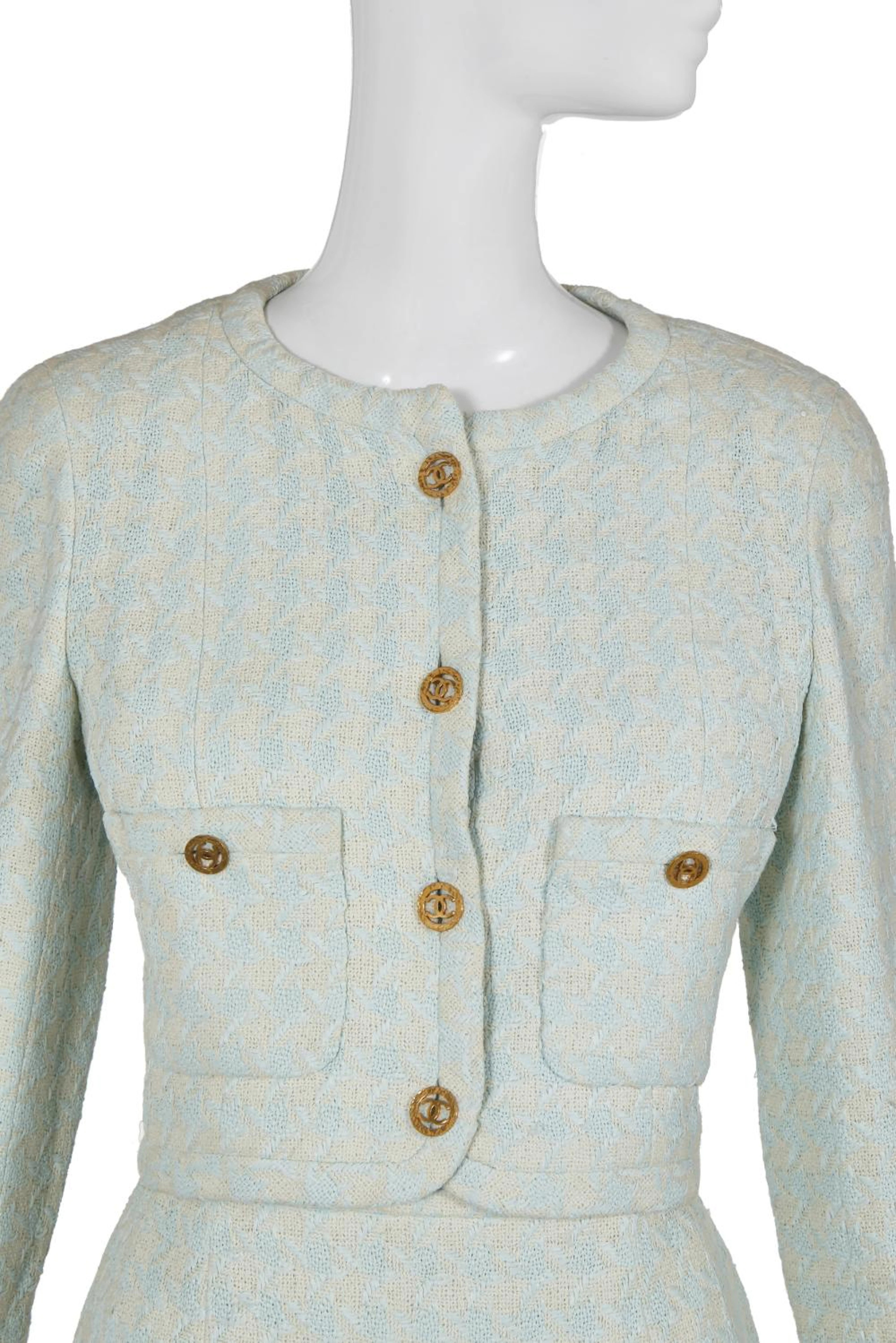 A Chanel pastel blue and white houndstooth rayon-cotton suit, Spring-Summer 1993