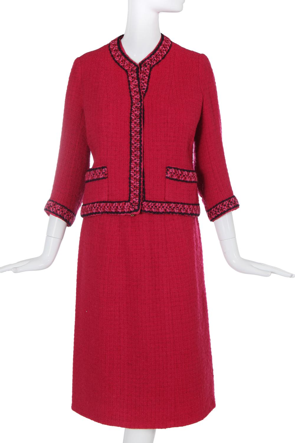 A Chanel couture raspberry-pink tweed suit, circa 1960,
