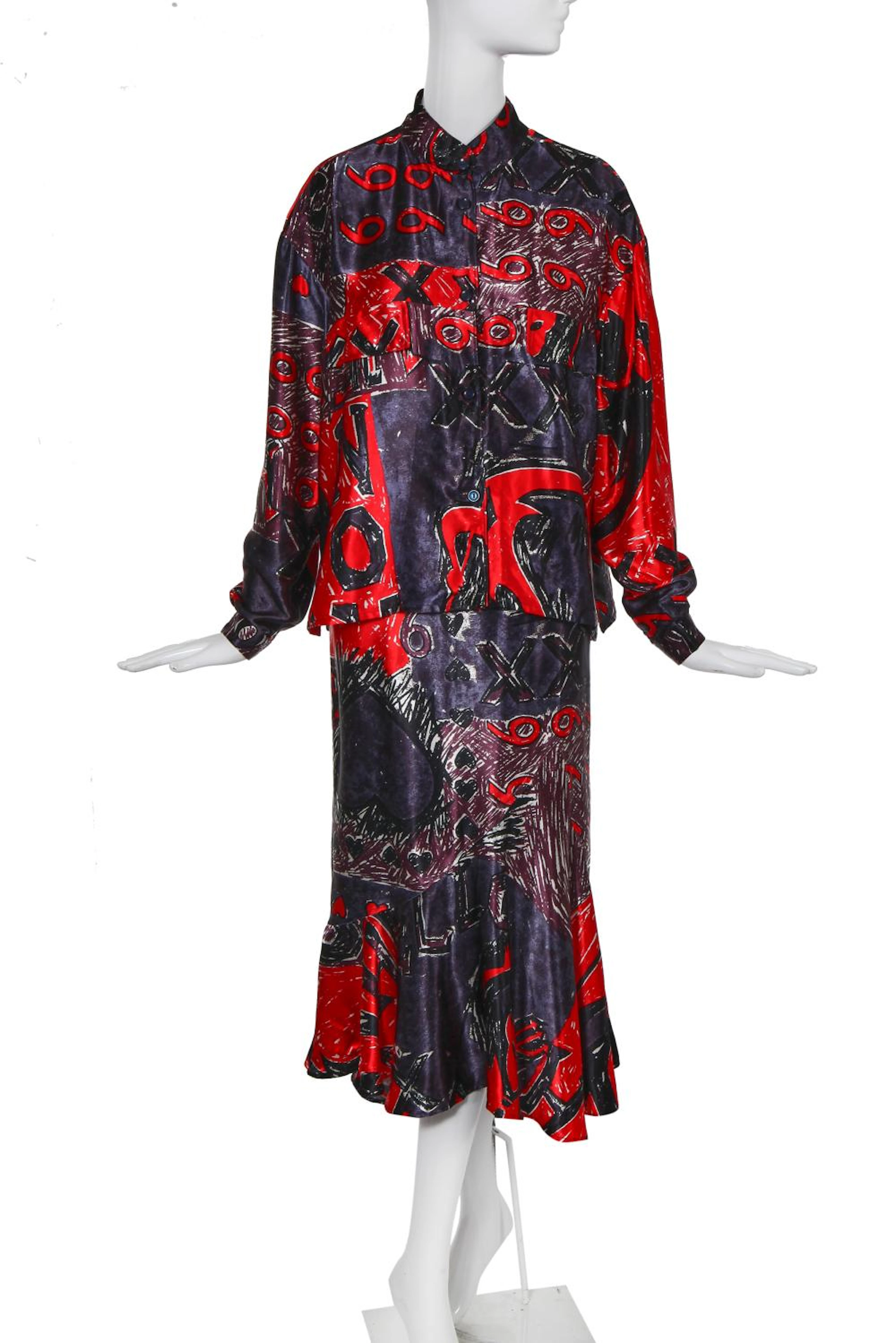 Sue Clowes '999 Red Devil' print satin jacket and mermaid skirt