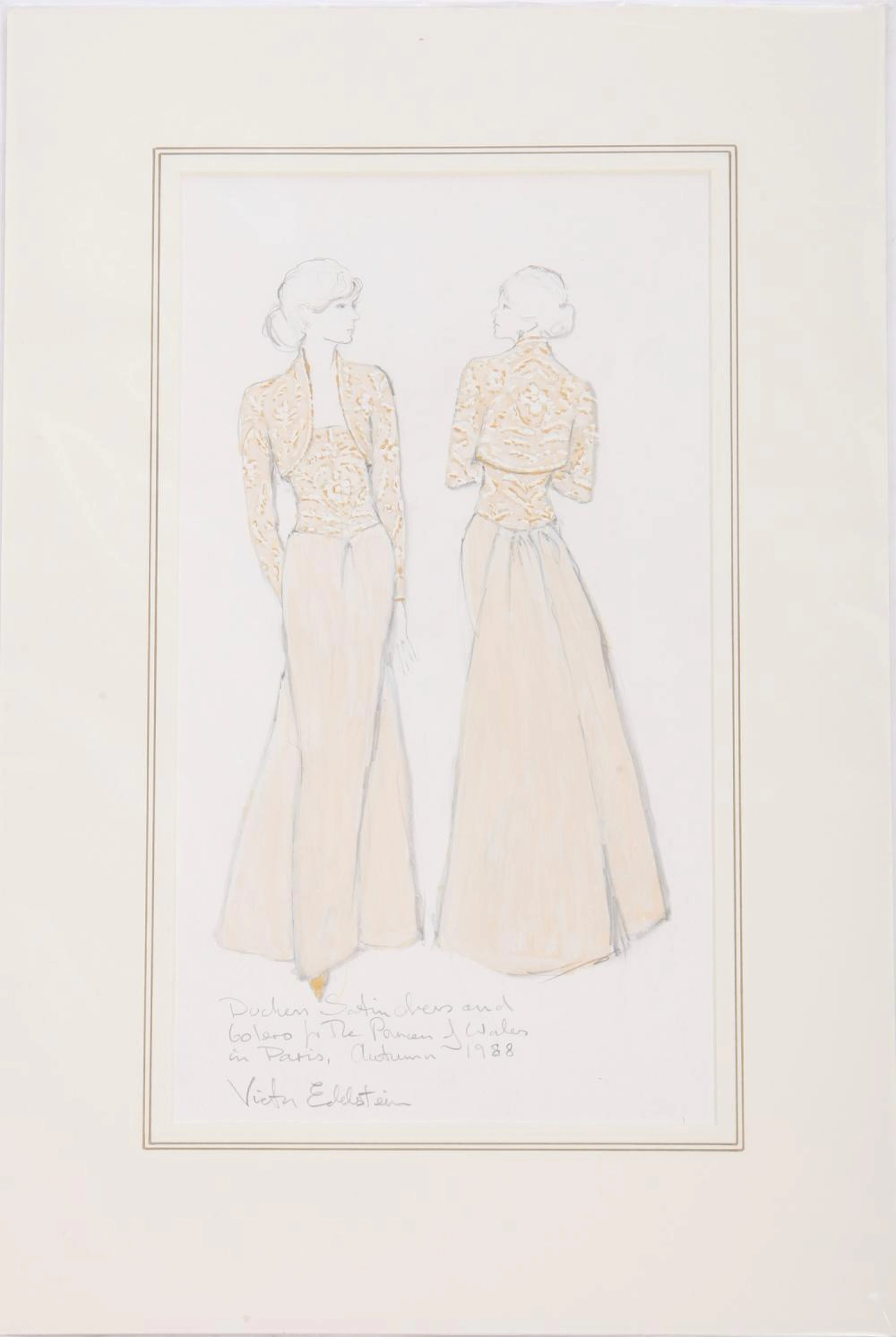 Victor Edelstein sketch of Princess Diana's gold satin evening gown,