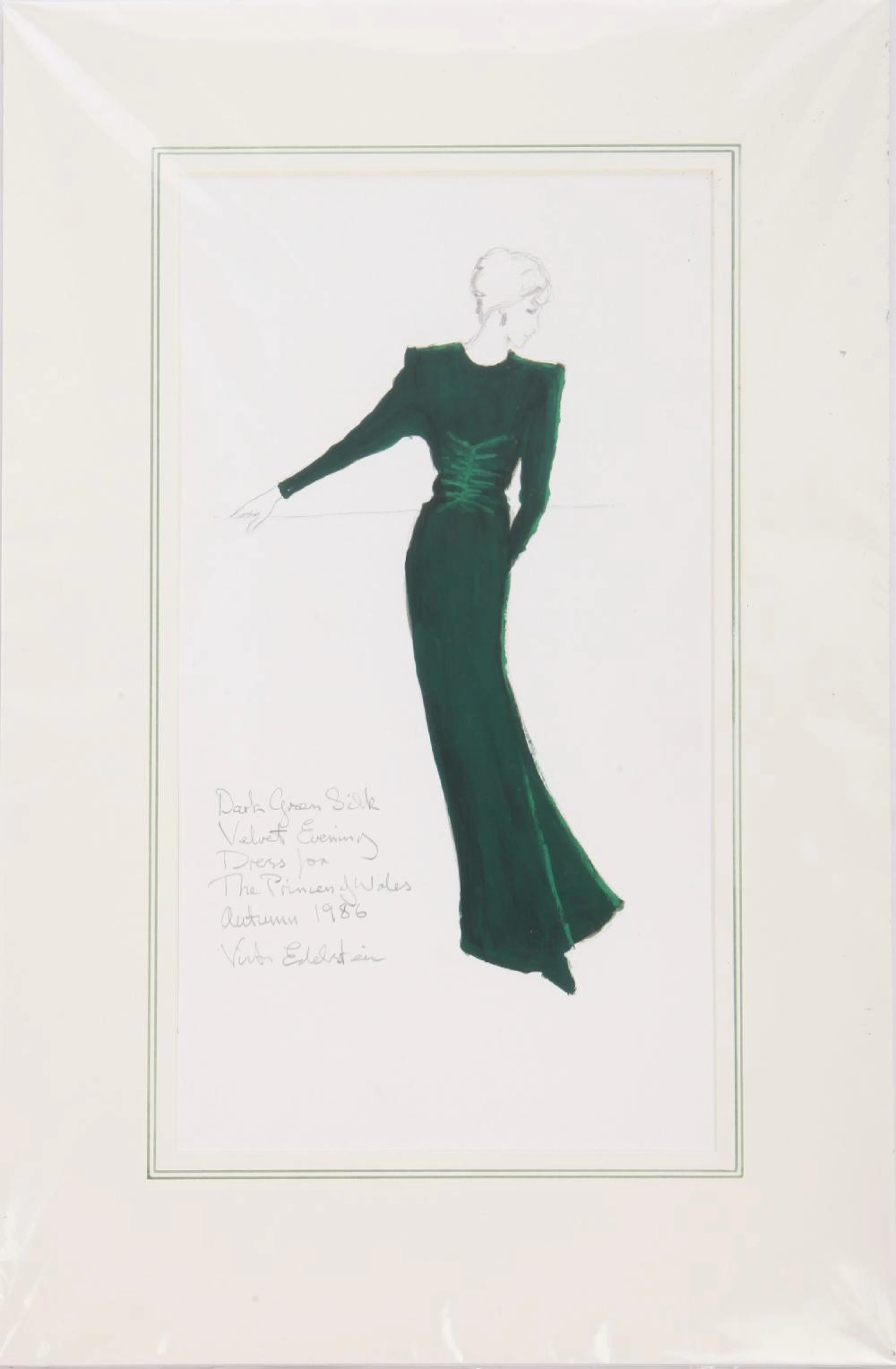 Victor Edelstein sketch of Princess Diana's green velvet evening gown,