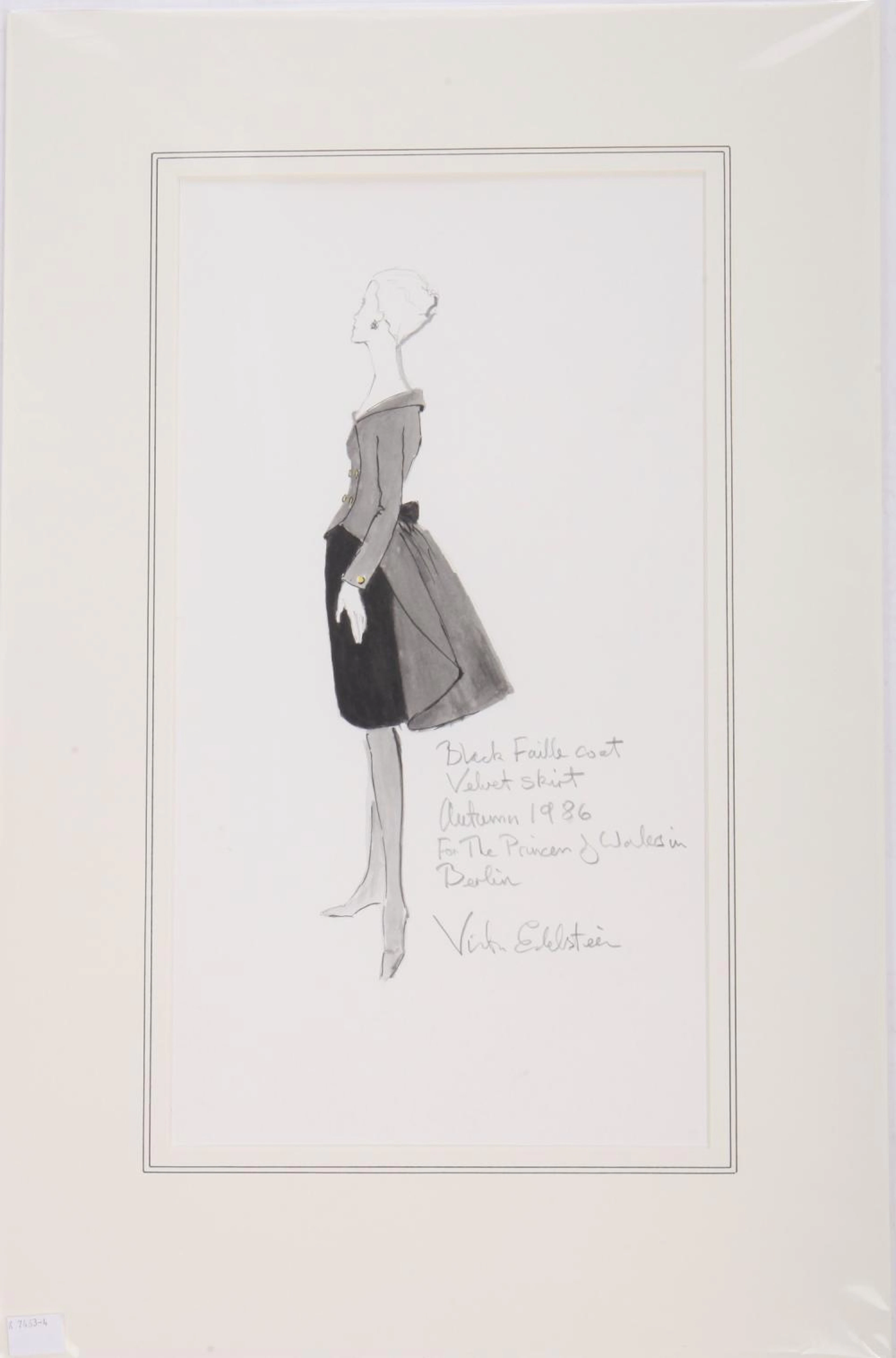 Victor Edelstein fashion sketch of Princess Diana's black silk evening coat,