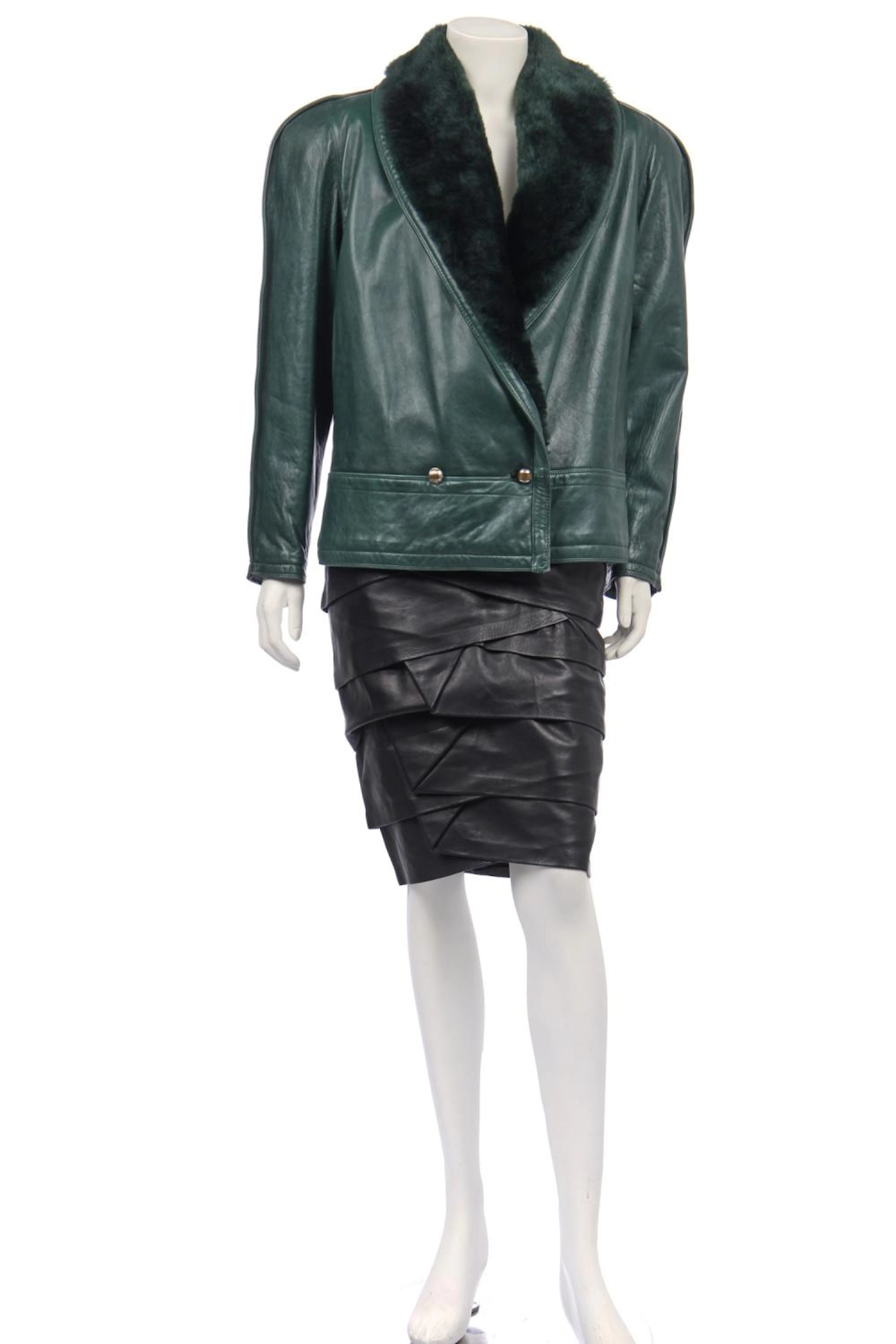 A Gianni Versace green leather jacket with sheepskin collar, 1980s