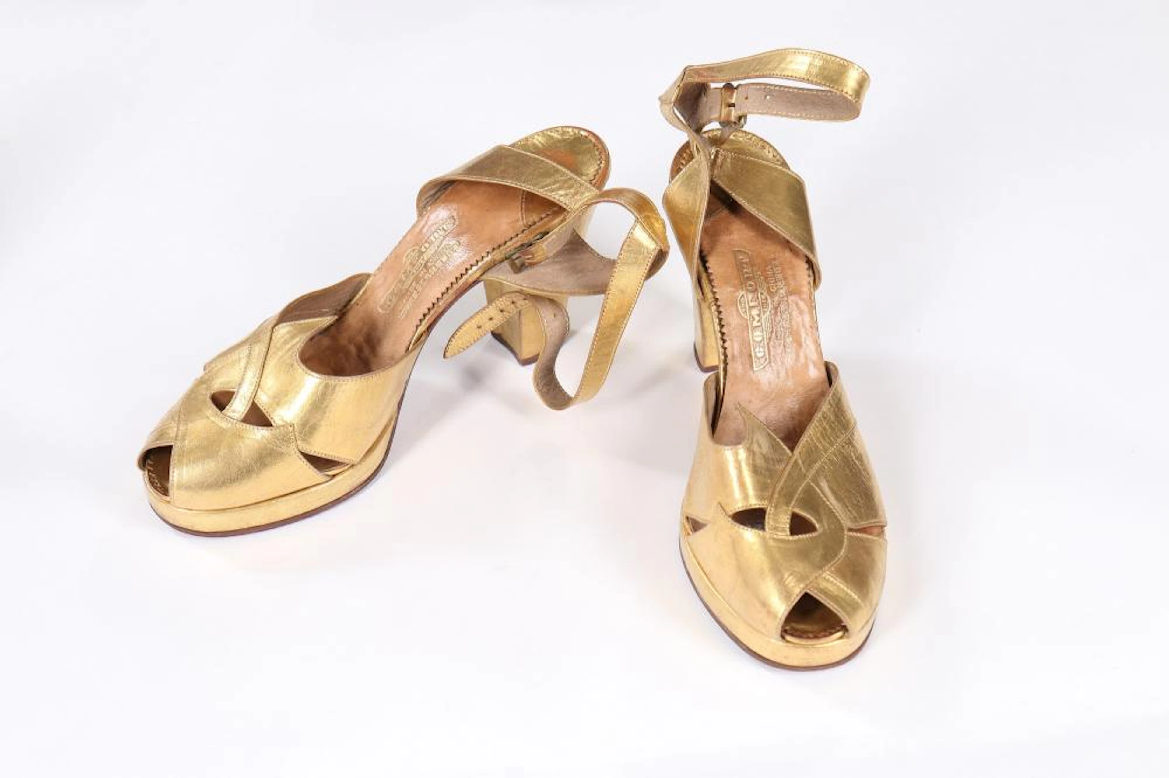 Seven pairs of shoes, 1930s-40s, including a pair of gold leather 'Comfort'