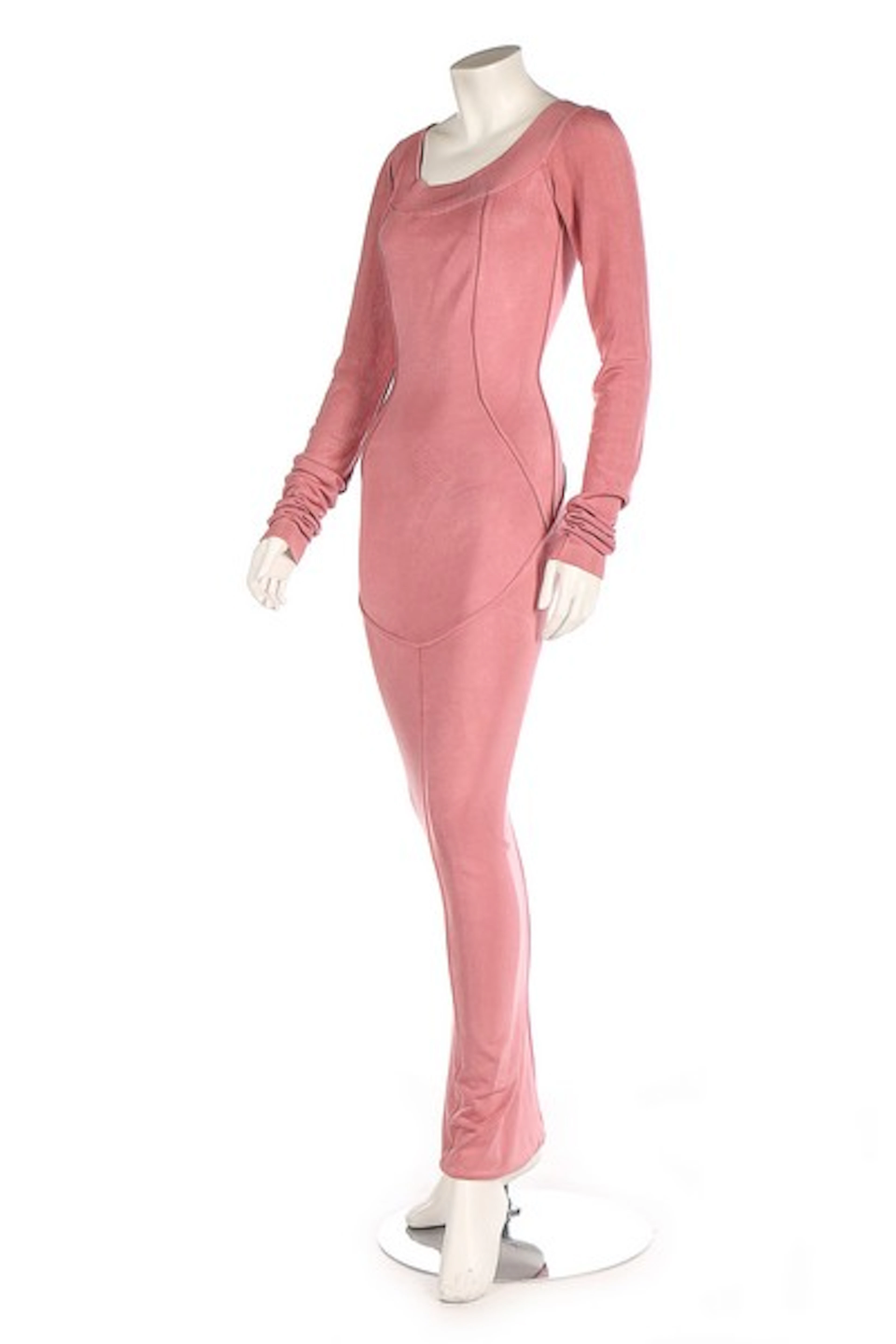 An Azzedine Alaia pink knitted rayon evening gown, 1990s, with shaped top-s
