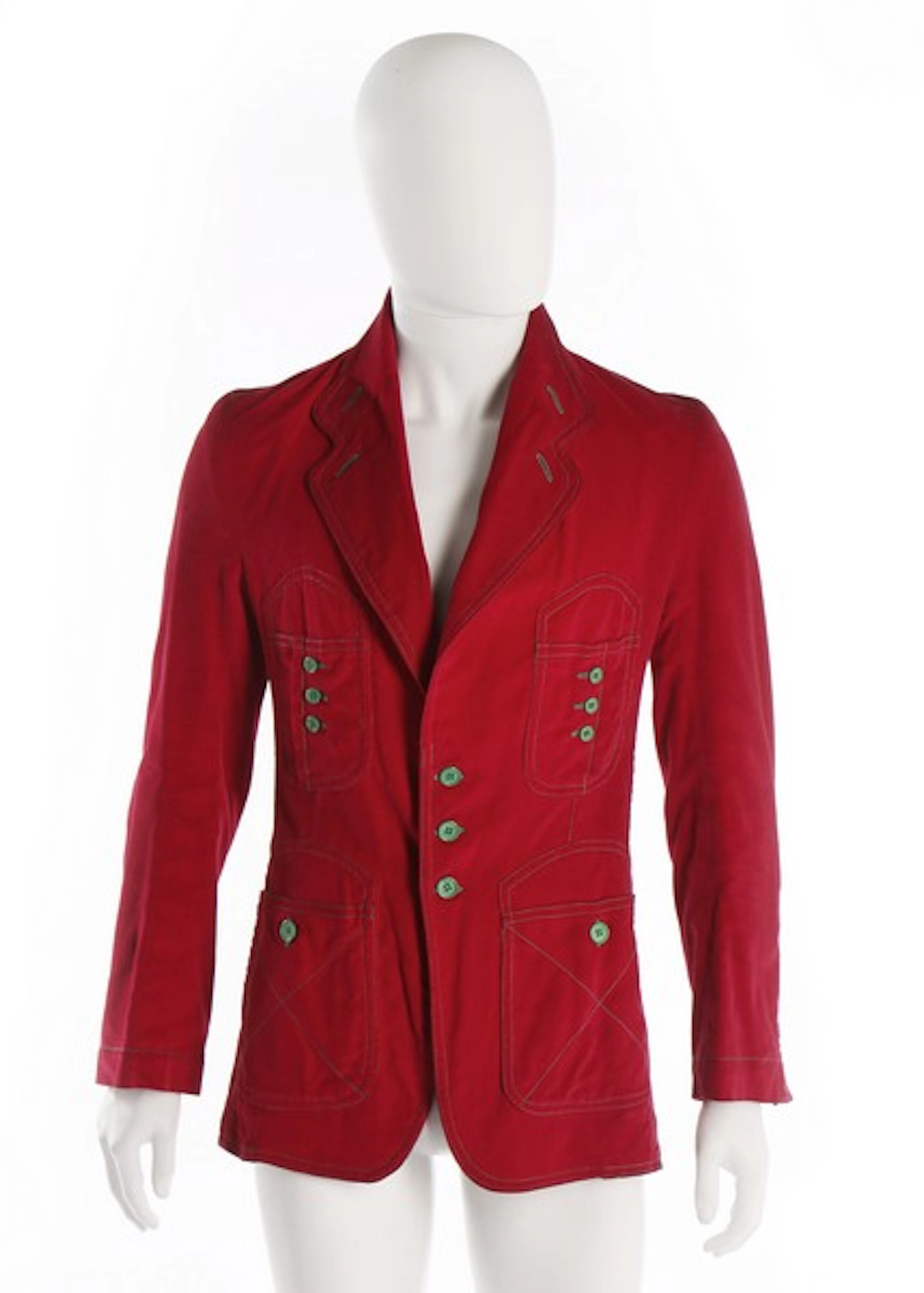 A Mr Freedom man's cherry-red velvet jacket, 1973, green and red on lack wo