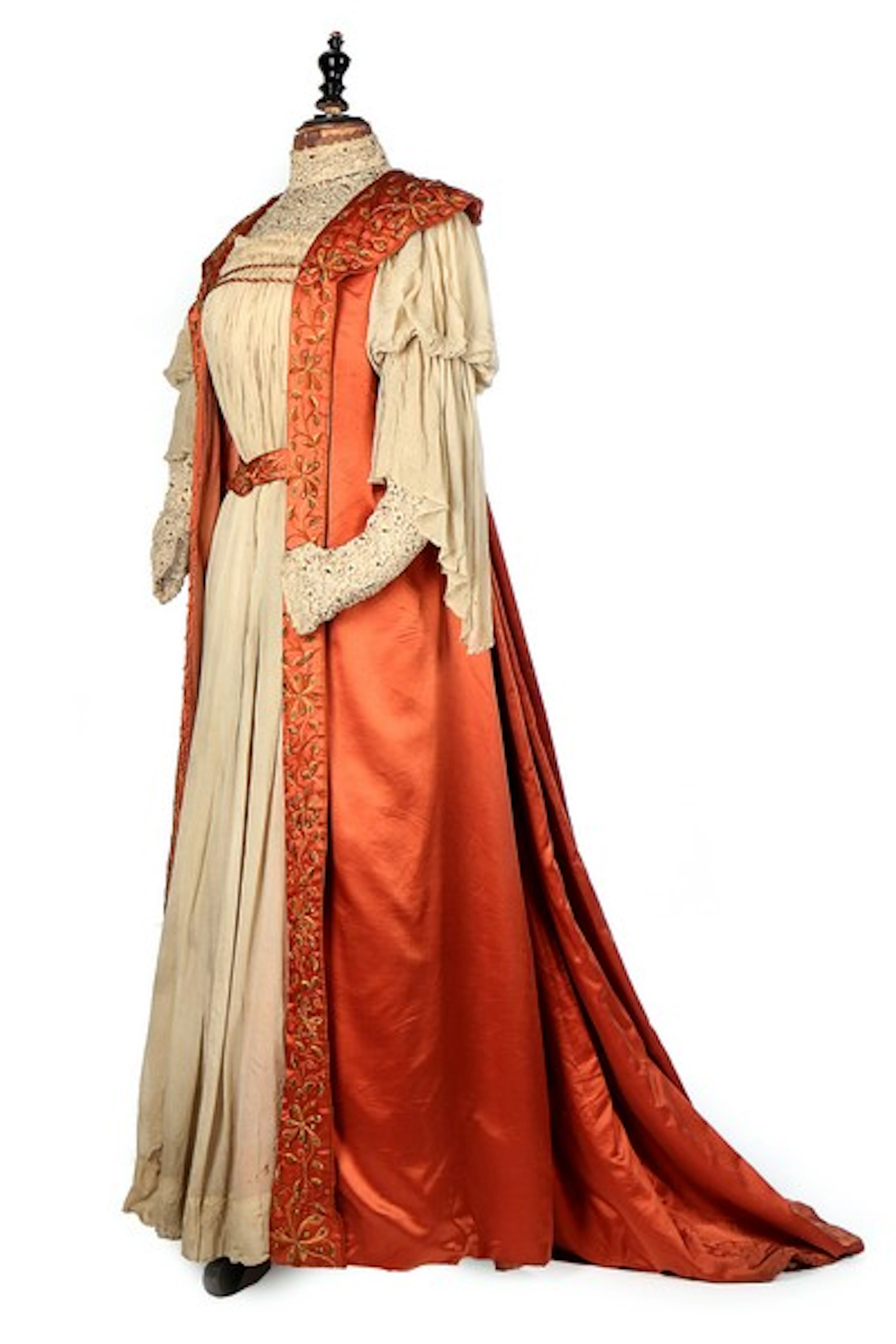 A fine and rare Liberty Aesthetic Movement copper satin tea gown, circa 189