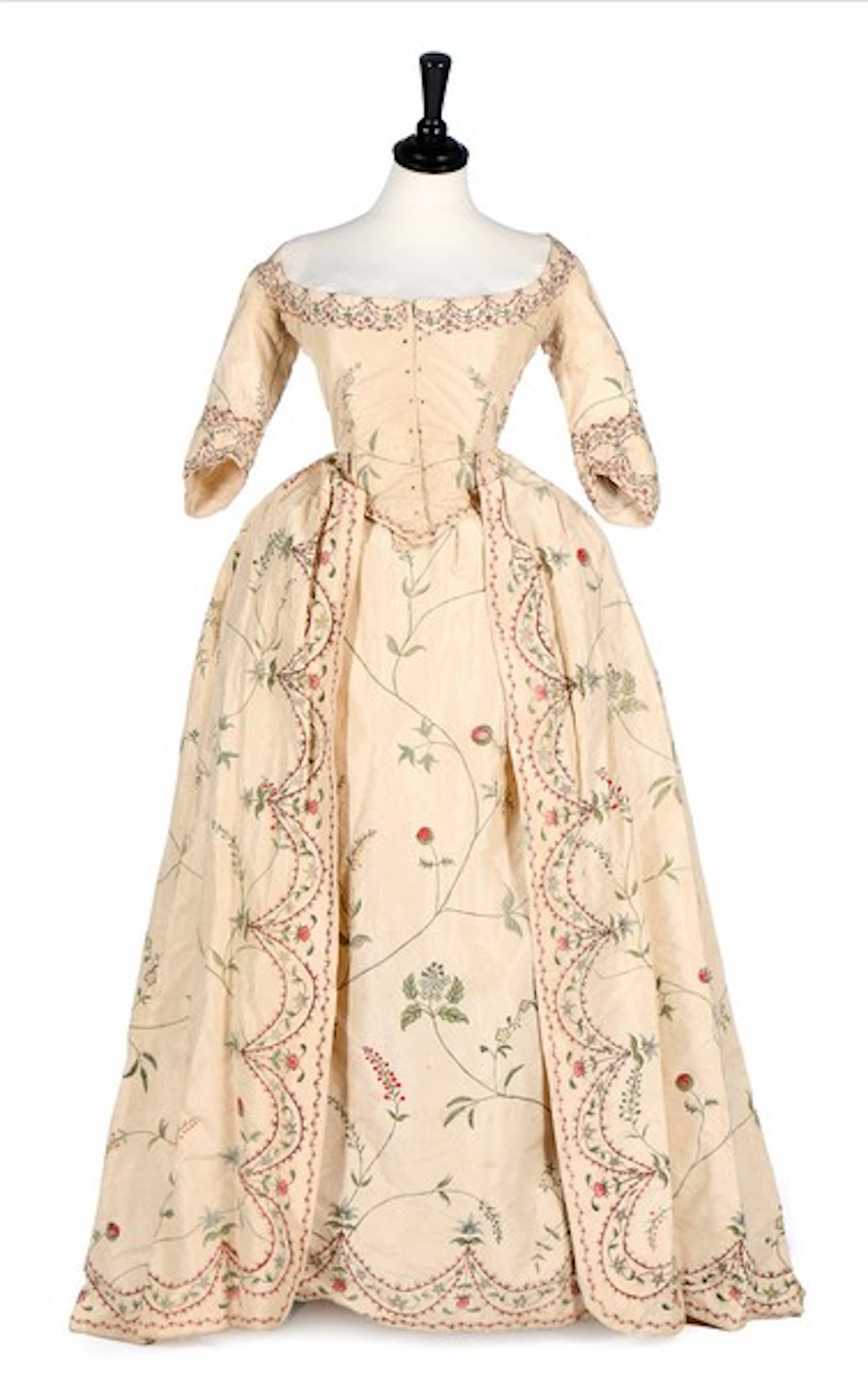A rare painted silk robe à la polonaise, English, 1770s, the ivory silk pai