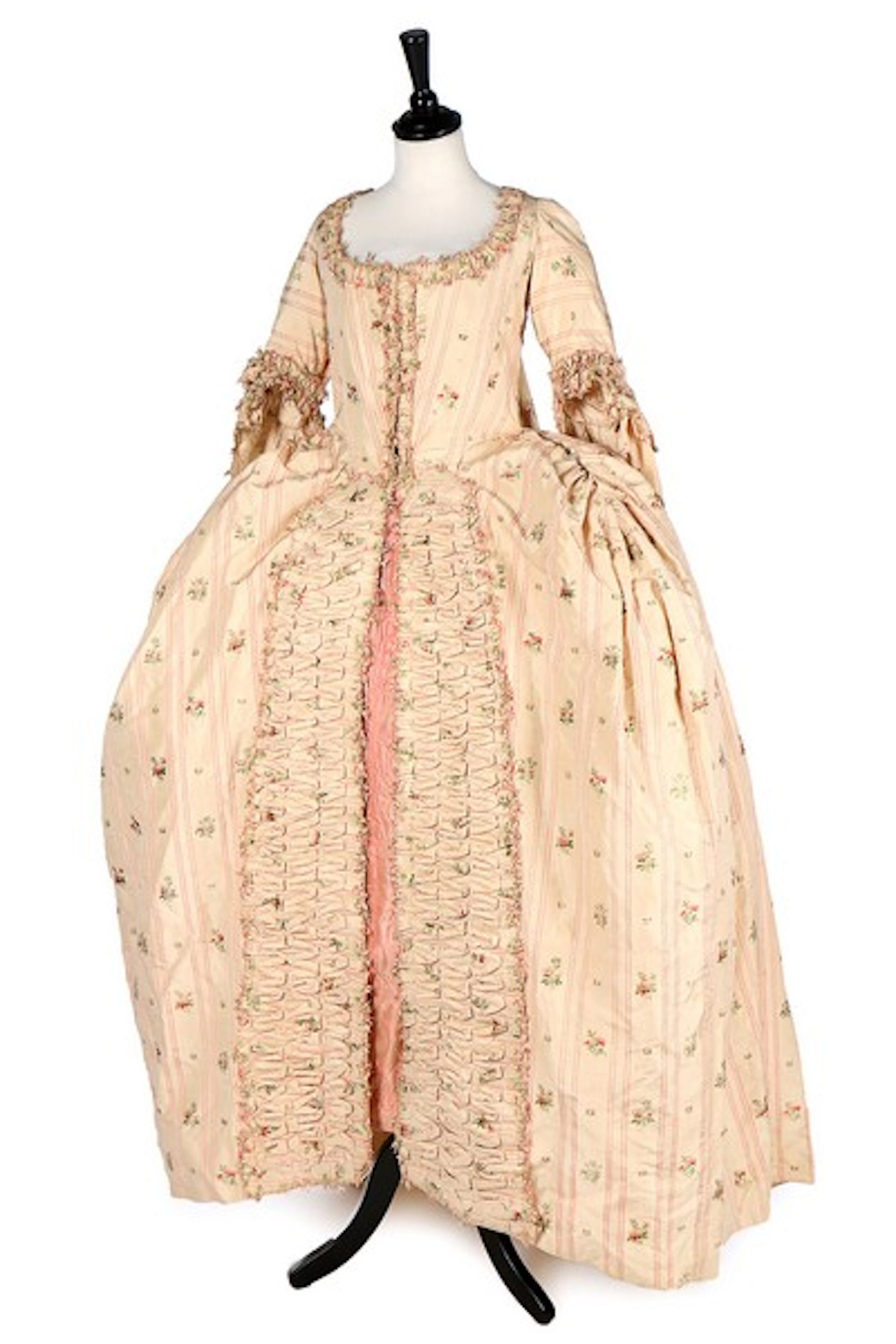 A striped and floral brocaded pink silk robe à la Française, 1770s, with tr