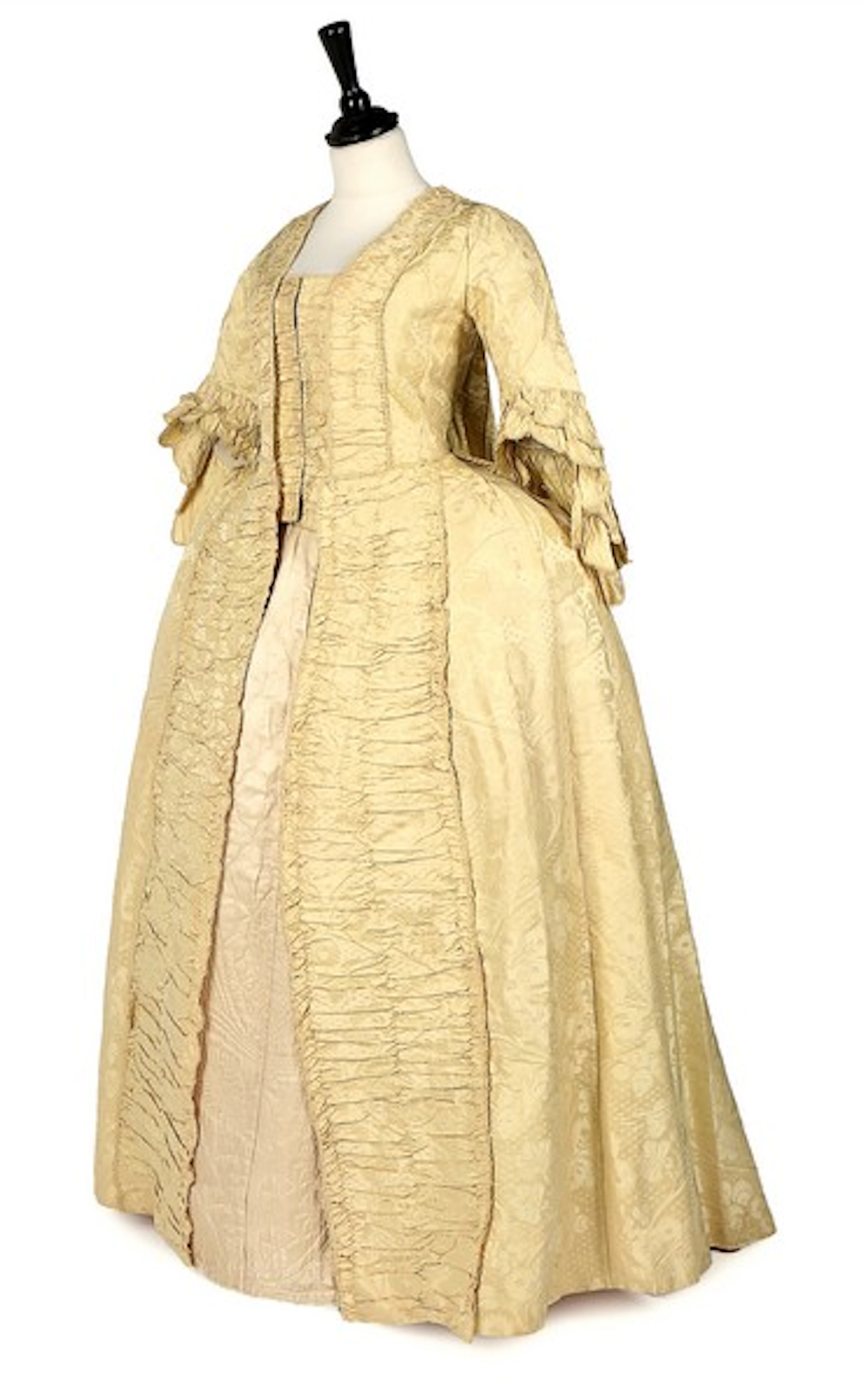 A pale primrose damask satin robe à la Française, French, circa 1770, the c