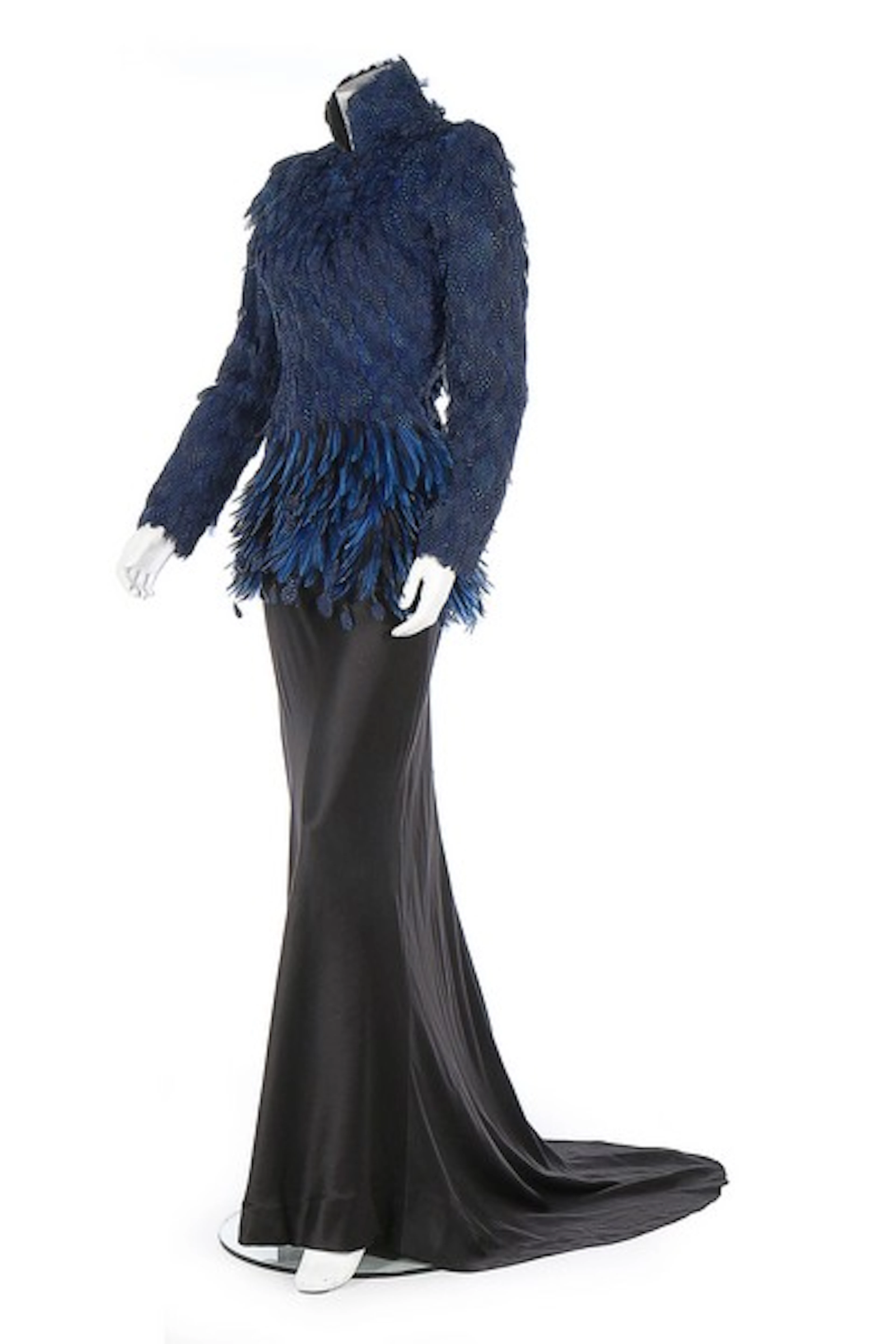 A Jean-Louis Scherrer by Stephane Rolland black satin sheath and feathered