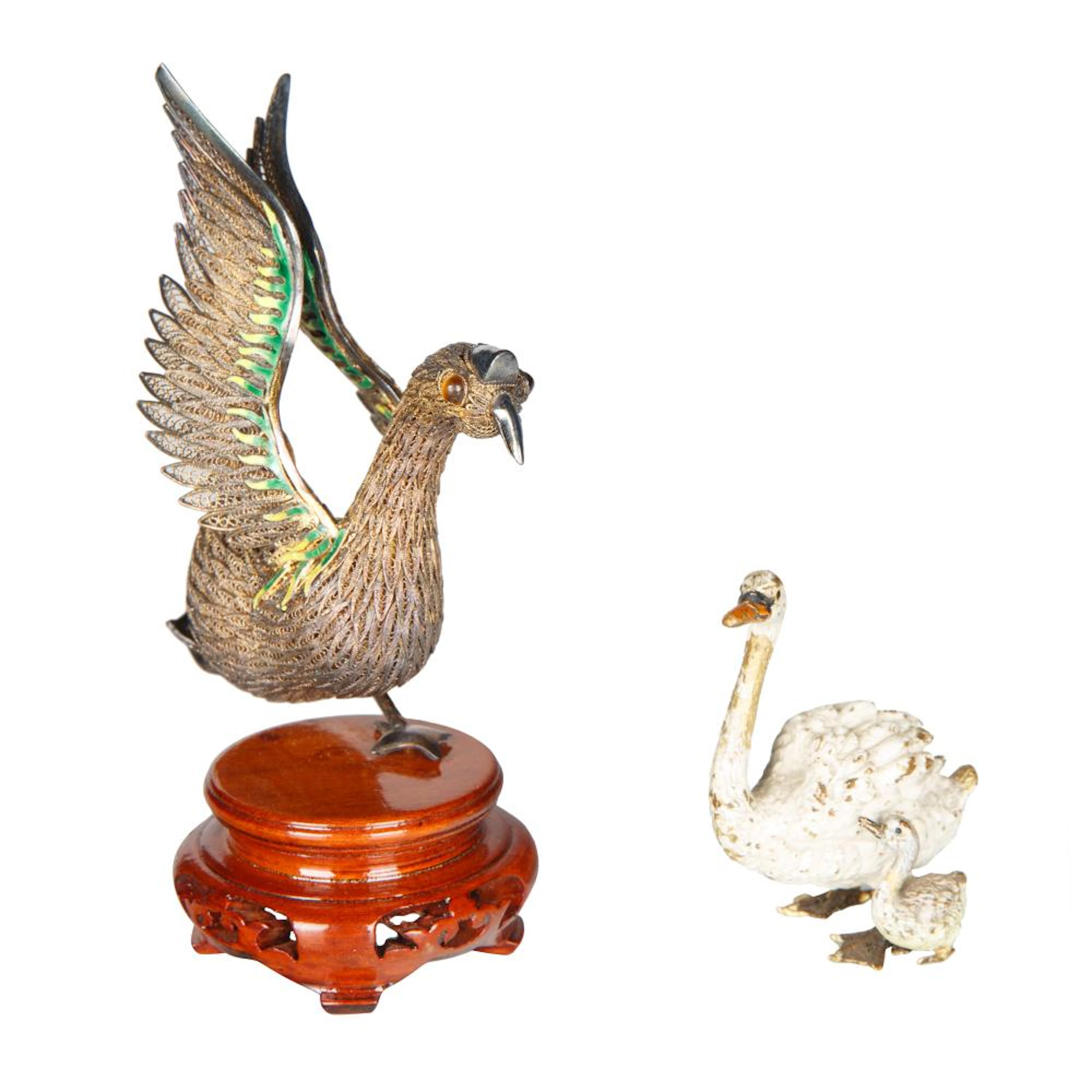 A PAIR OF ENAMEL AND BRONZE BIRDS