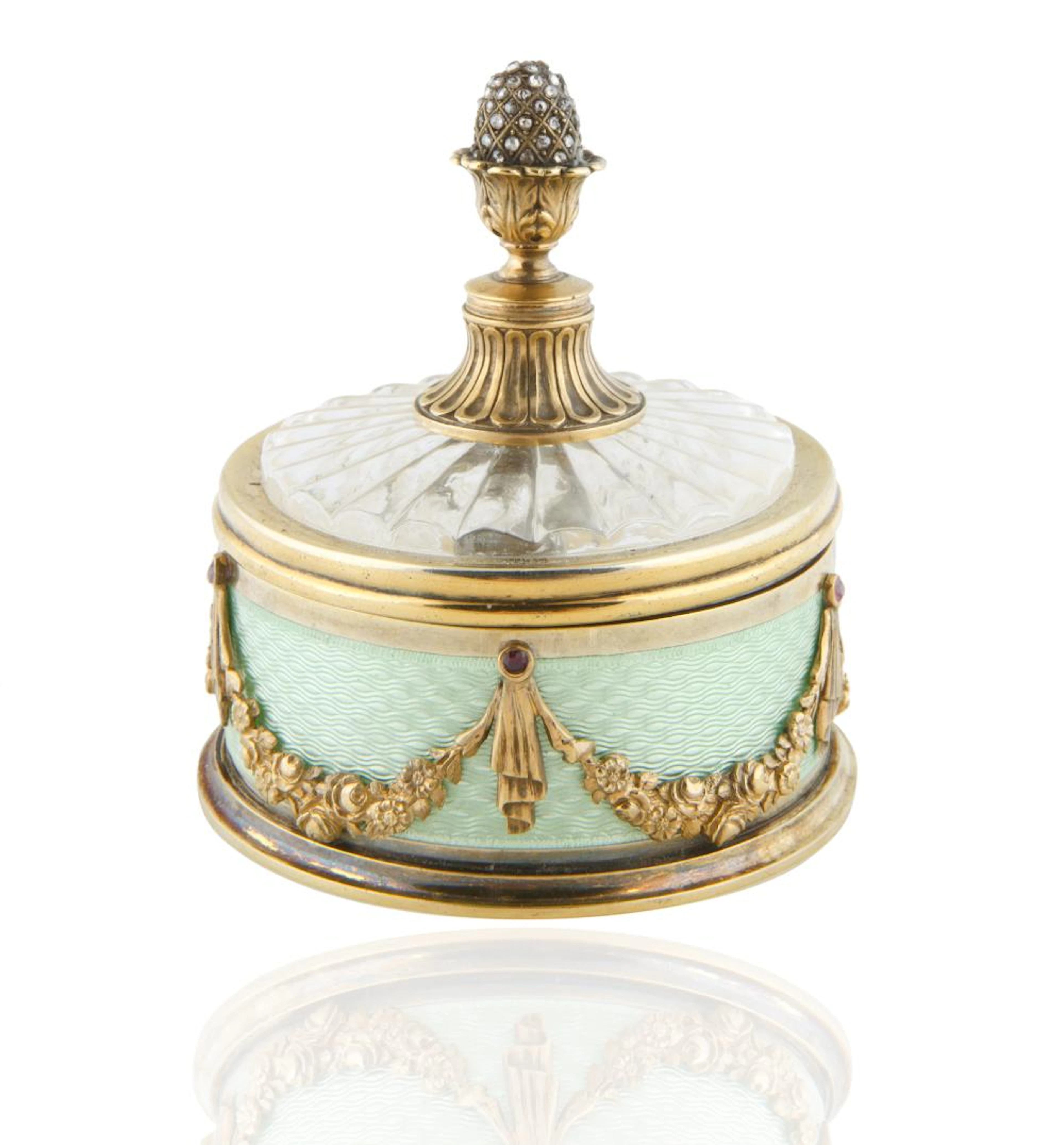 FABERGE JEWELLED GOLD MOUNTED SILVER GILT AND GUILLOCHE ENAMEL PILL BOX