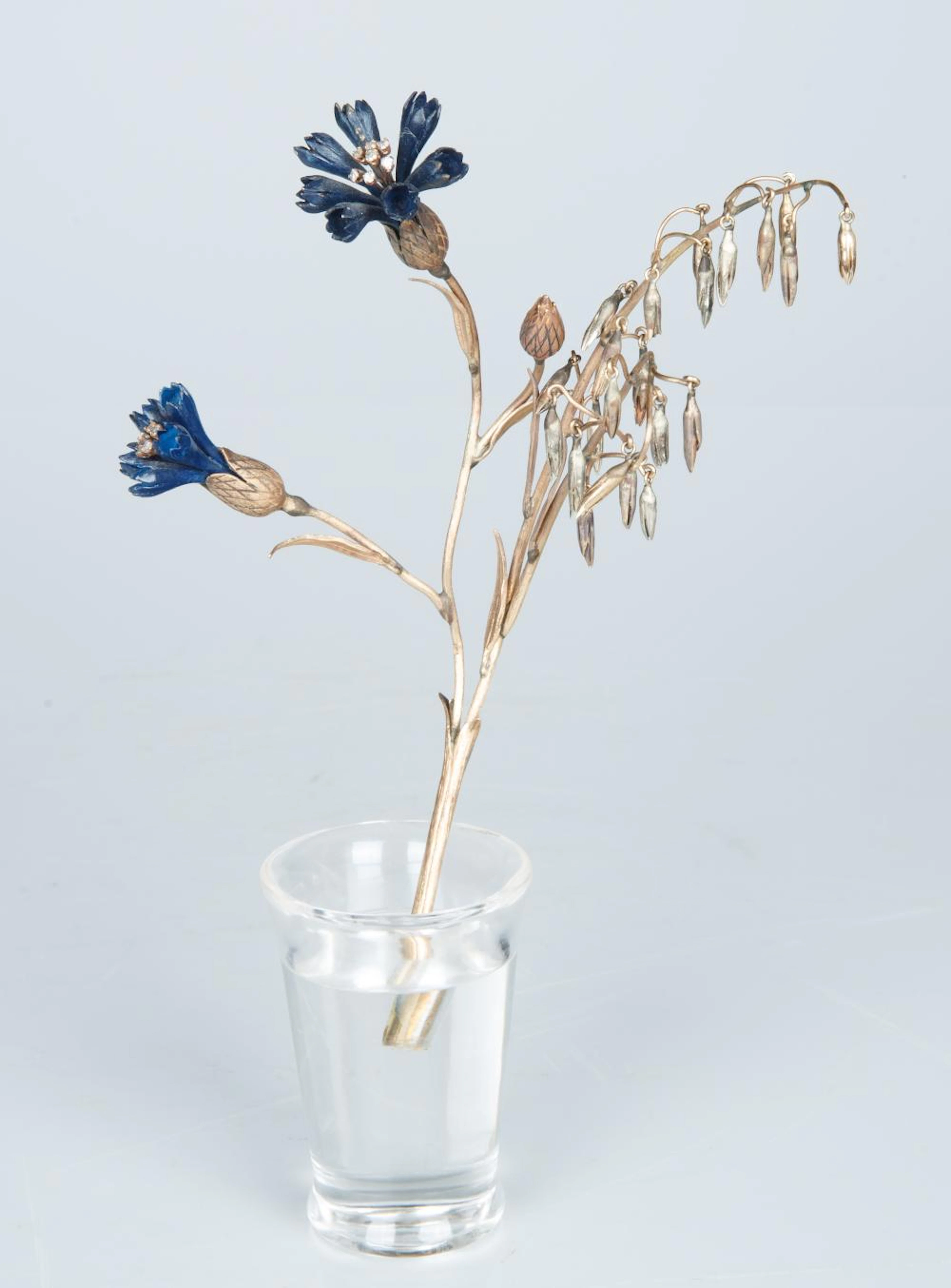 FABERGE-STYLE GOLD AND ENAMEL CORNFLOWERS AND OAT STEMS STUDY
