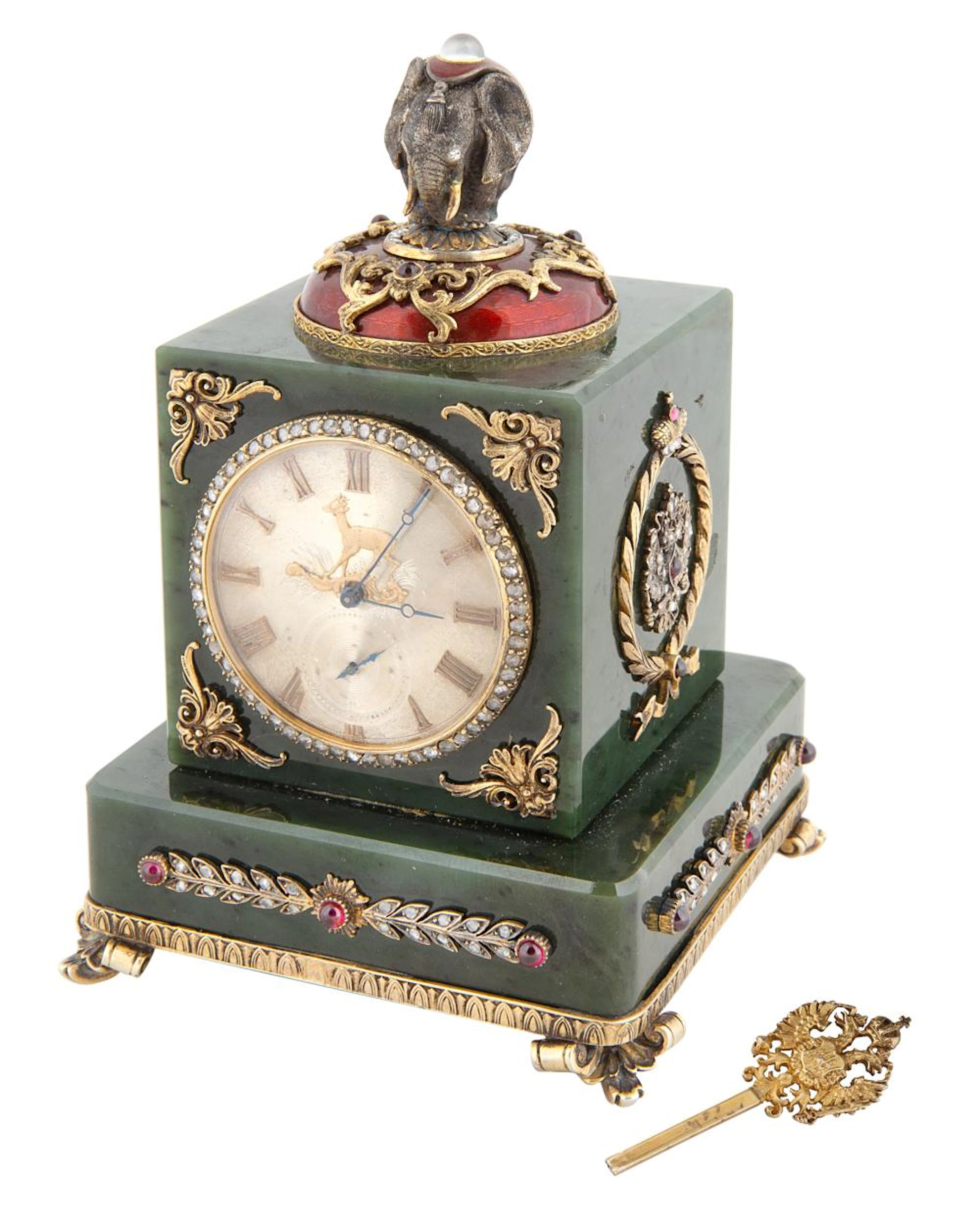 A MODERN FABERGE STYLE NEPHRITE, GILT SILVER AND GUILLOCHE ENAMEL DESK CLOCK