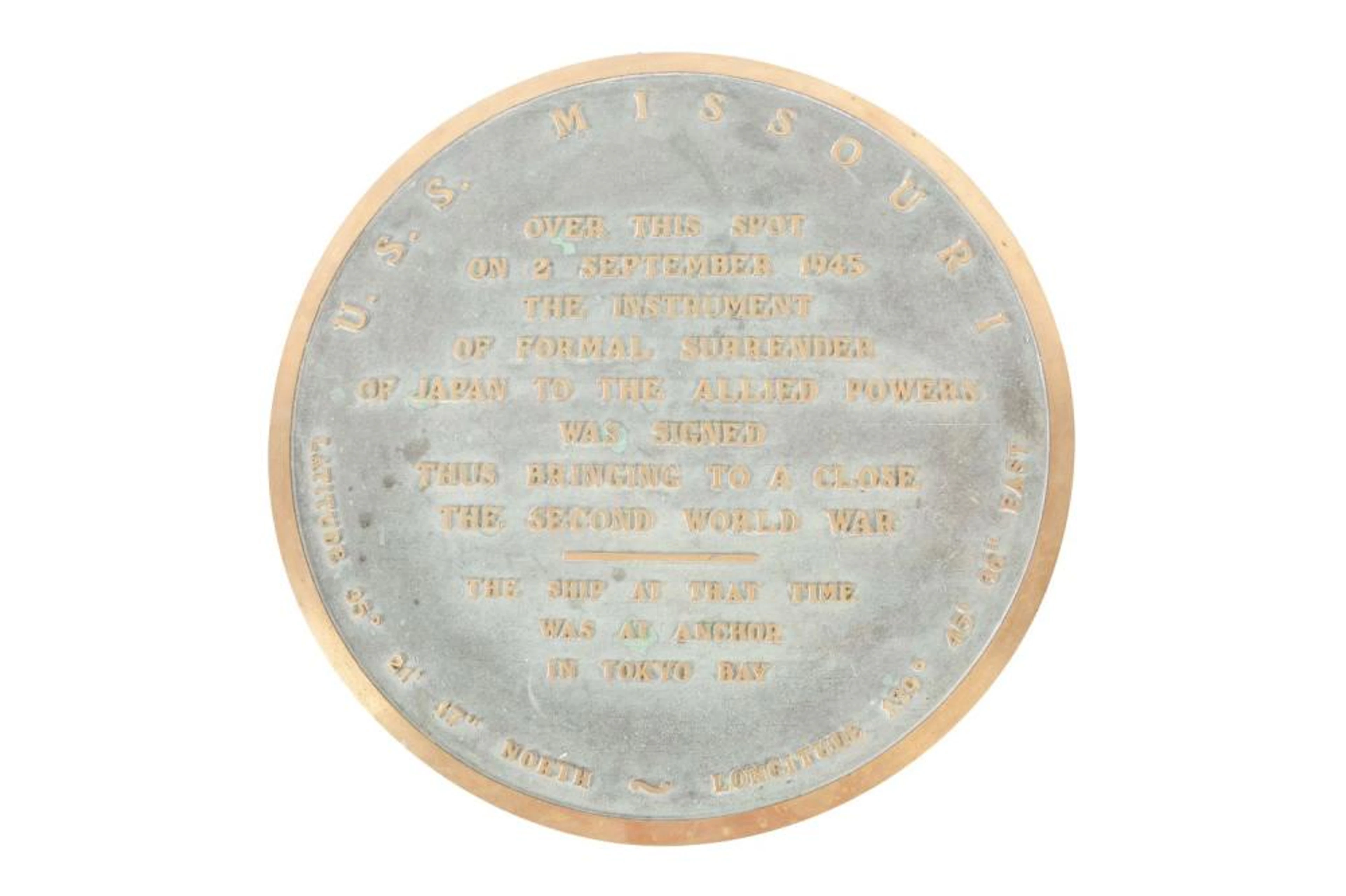 USS Missouri WWII Bronze Commemorative Plaque.