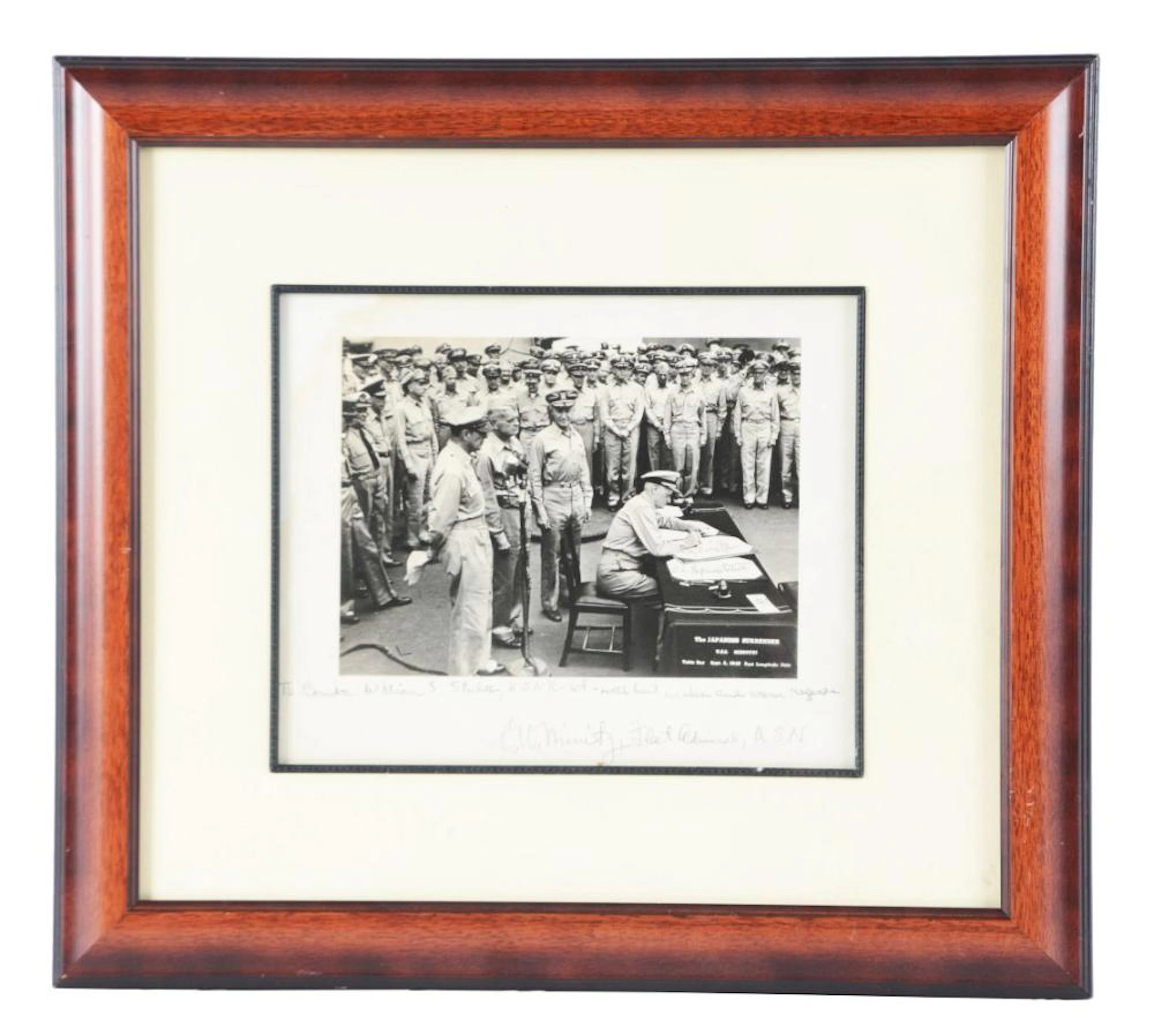 Framed Chester Nimitz Signed Photo of the Japanese Surrender.