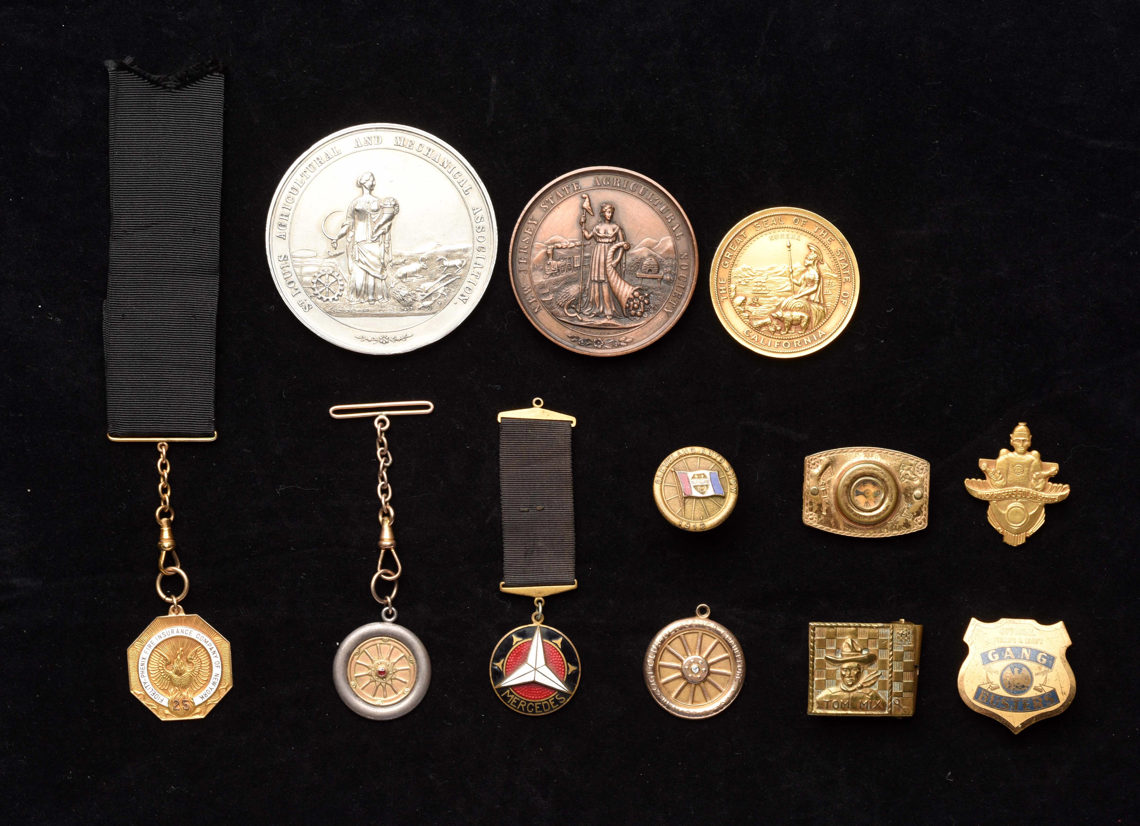 Lot of Assorted Pins, Fobs and Belt Buckle.