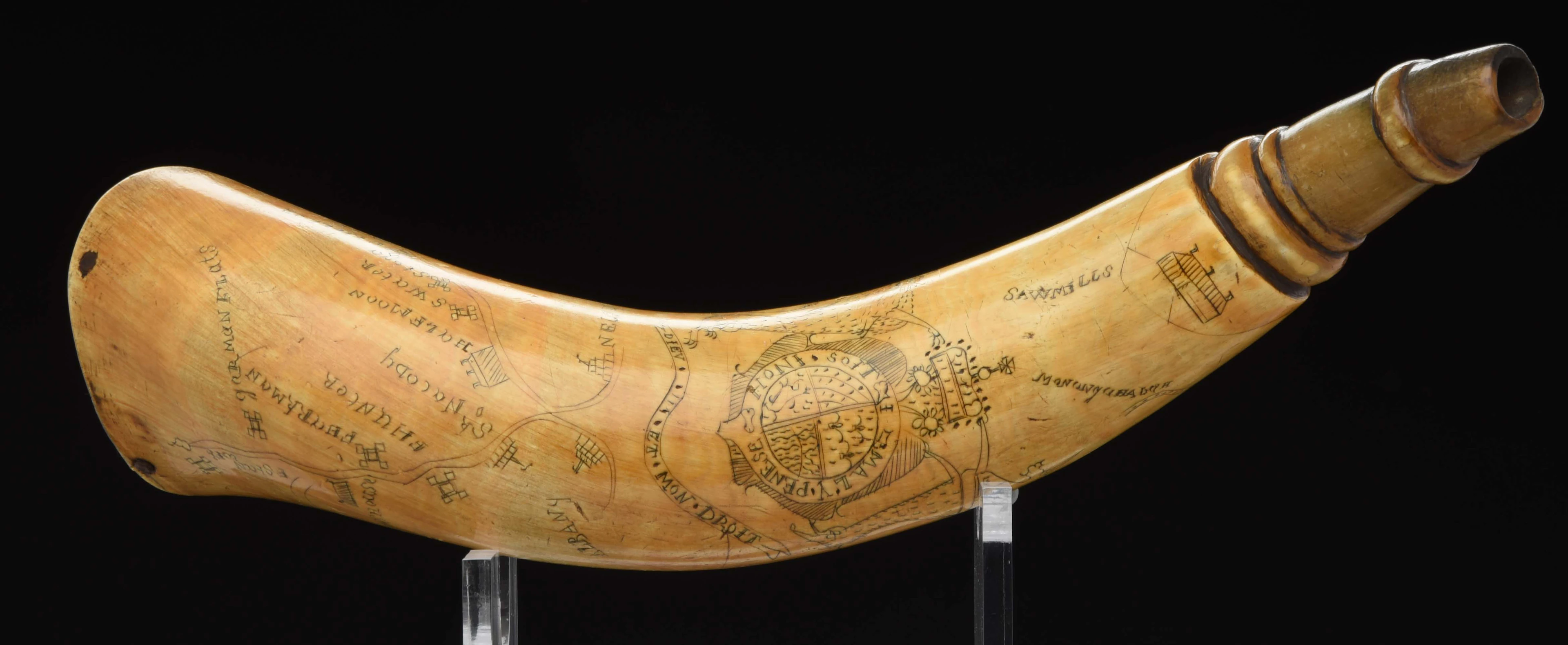 Large Engraved Map Powder Horn Featuring Forbes Road and other...