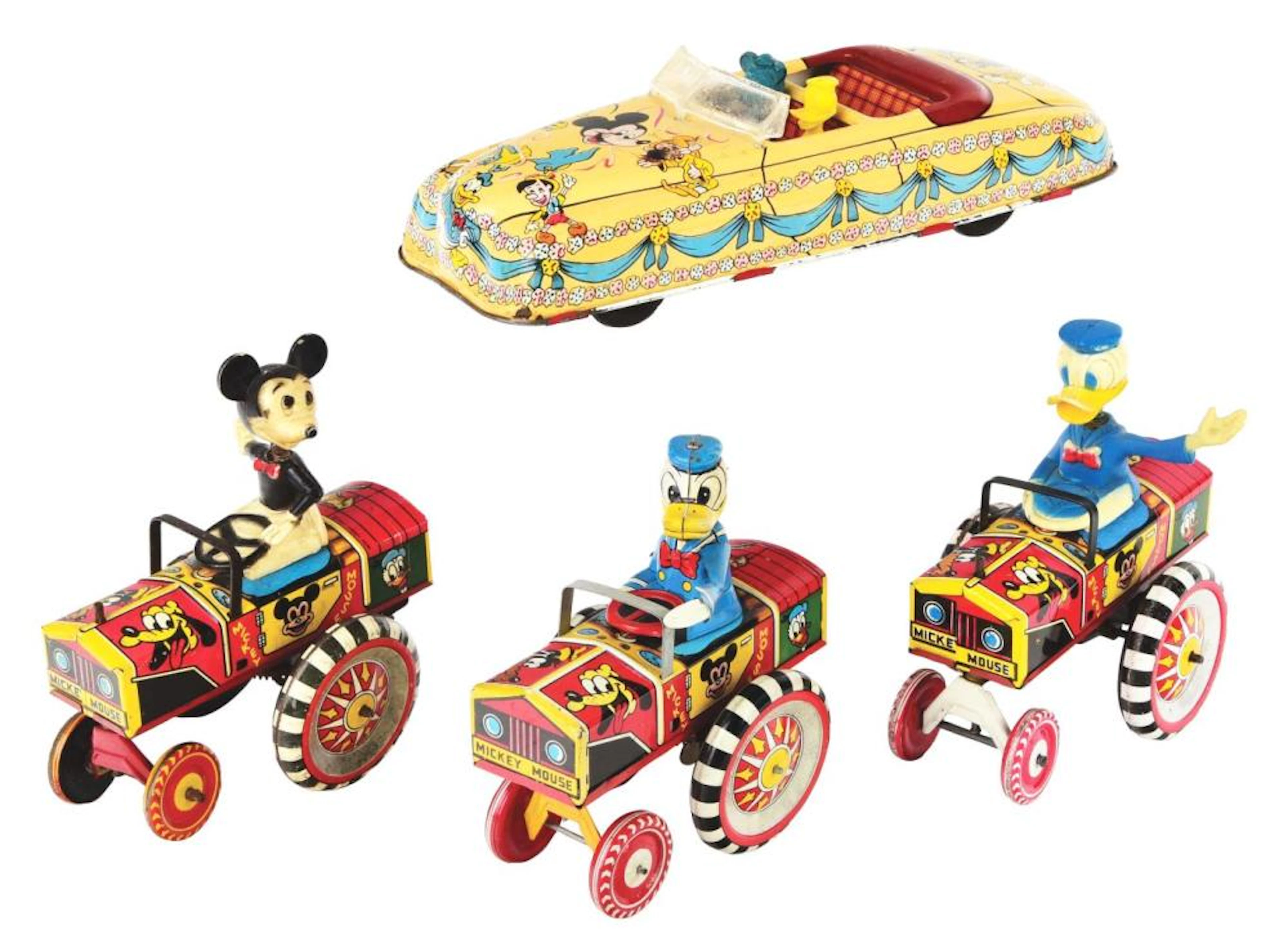 LOT OF 4: MARX TIN-LITHO WIND-UP WALT DISNEY CHARACTER AUTOMOBILE TOYS.