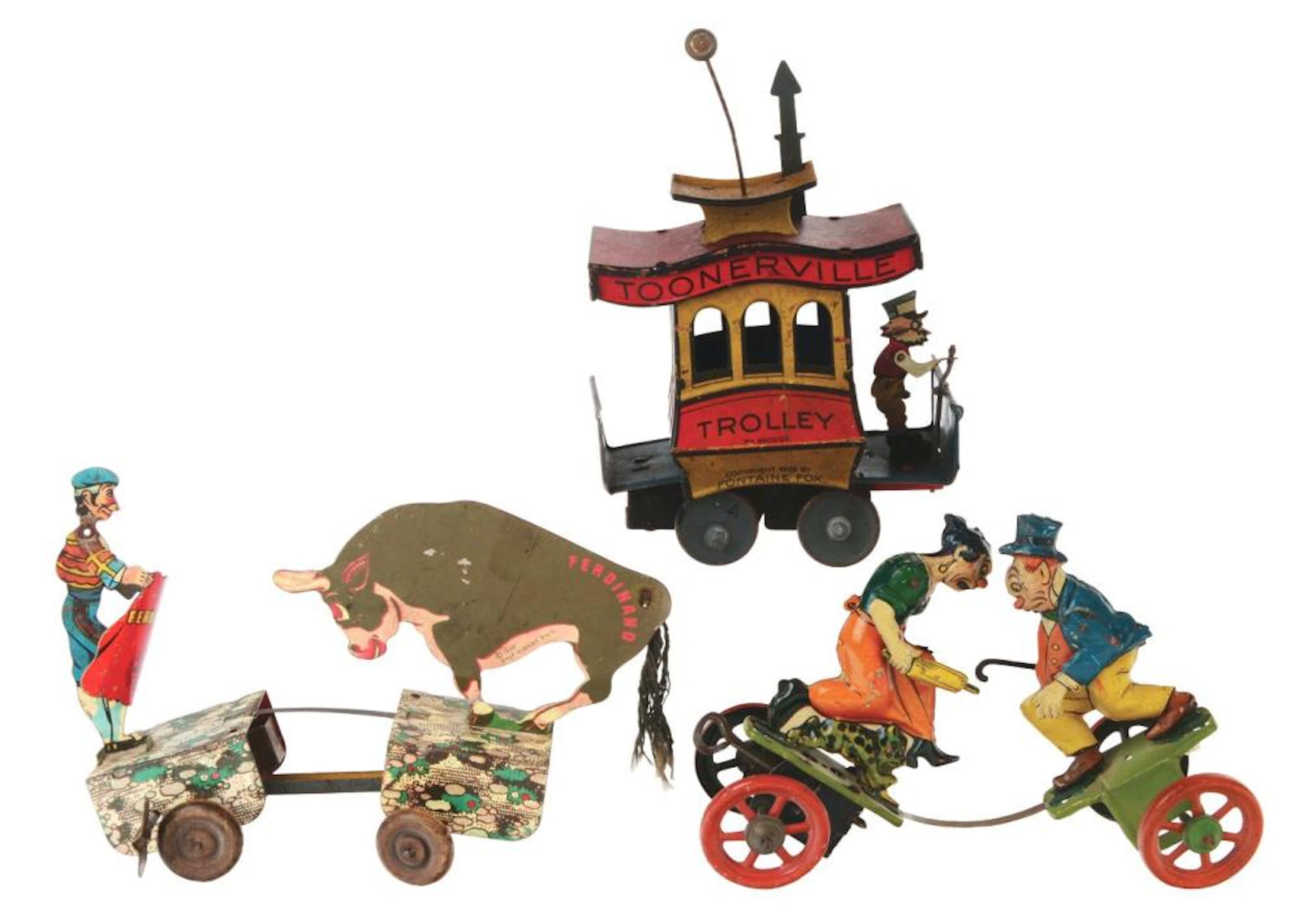 LOT OF 3: GERMAN AND AMERICAN MADE TIN-LITHO CHARACTER TOYS.