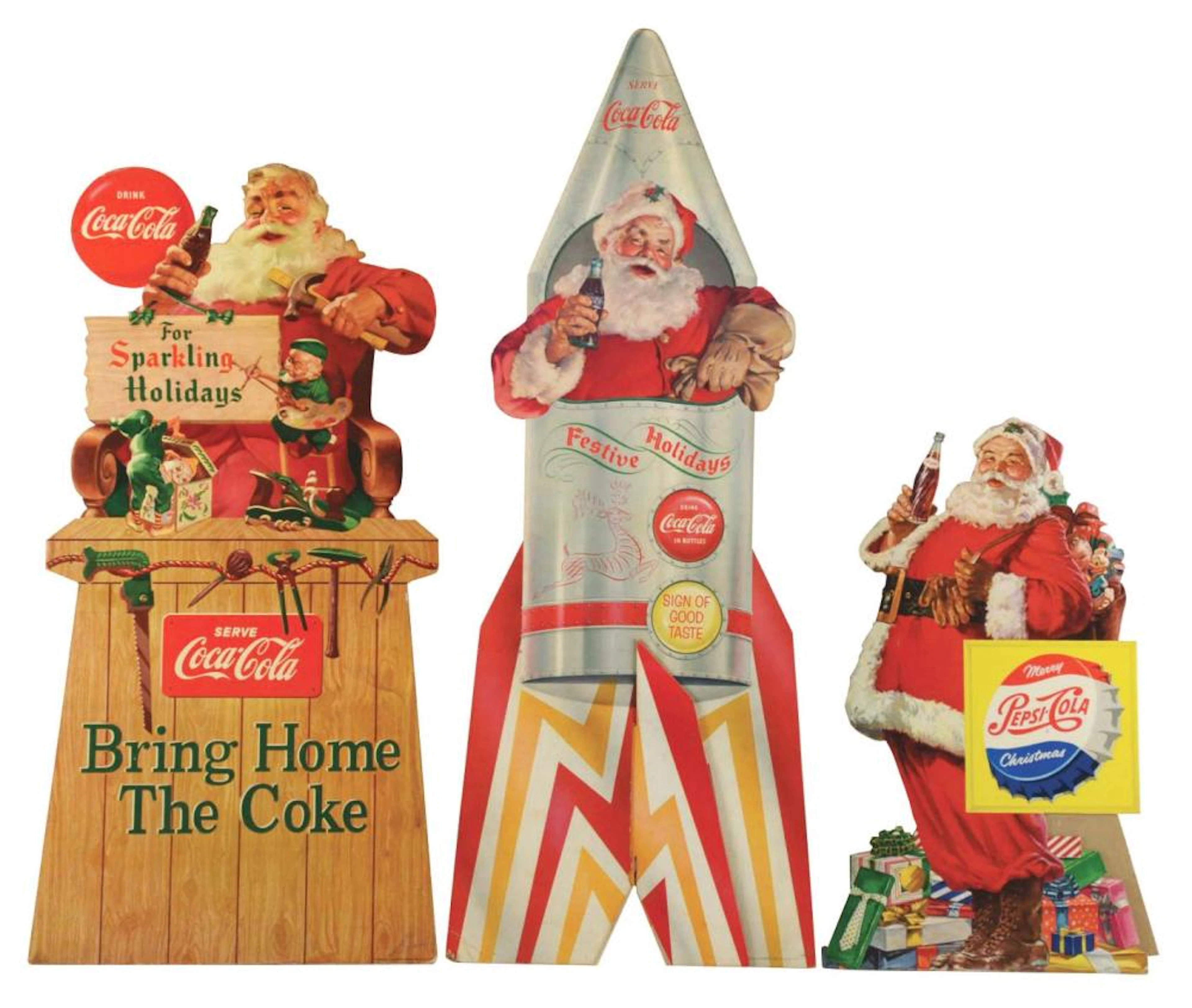 LOT OF 3: COCA-COLA & PEPSI SANTA EASEL-BACK SIGNS.