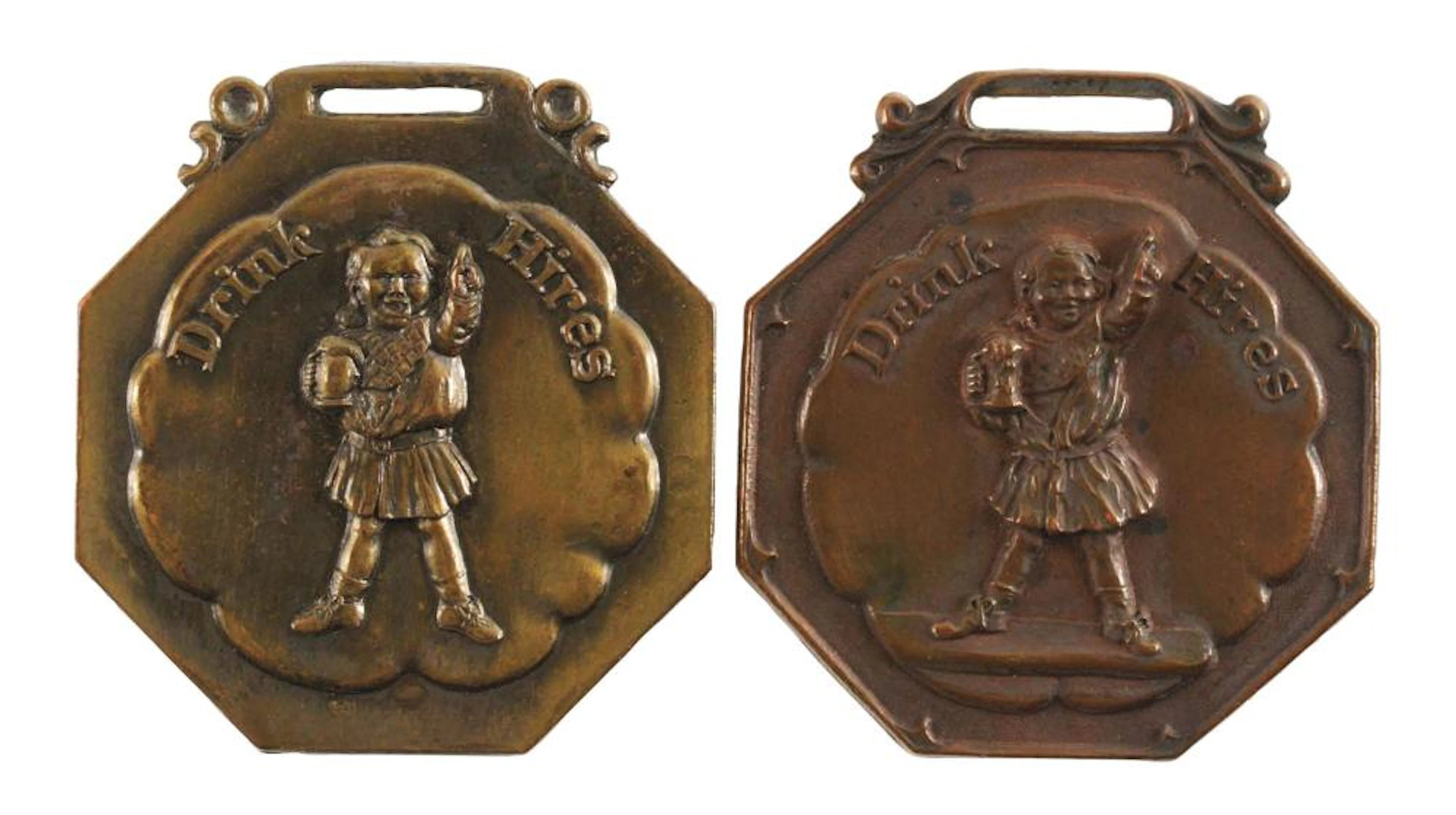 LOT OF 2: EARLY HIRES ROOT BEER ADVERTISING WATCH FOBS.