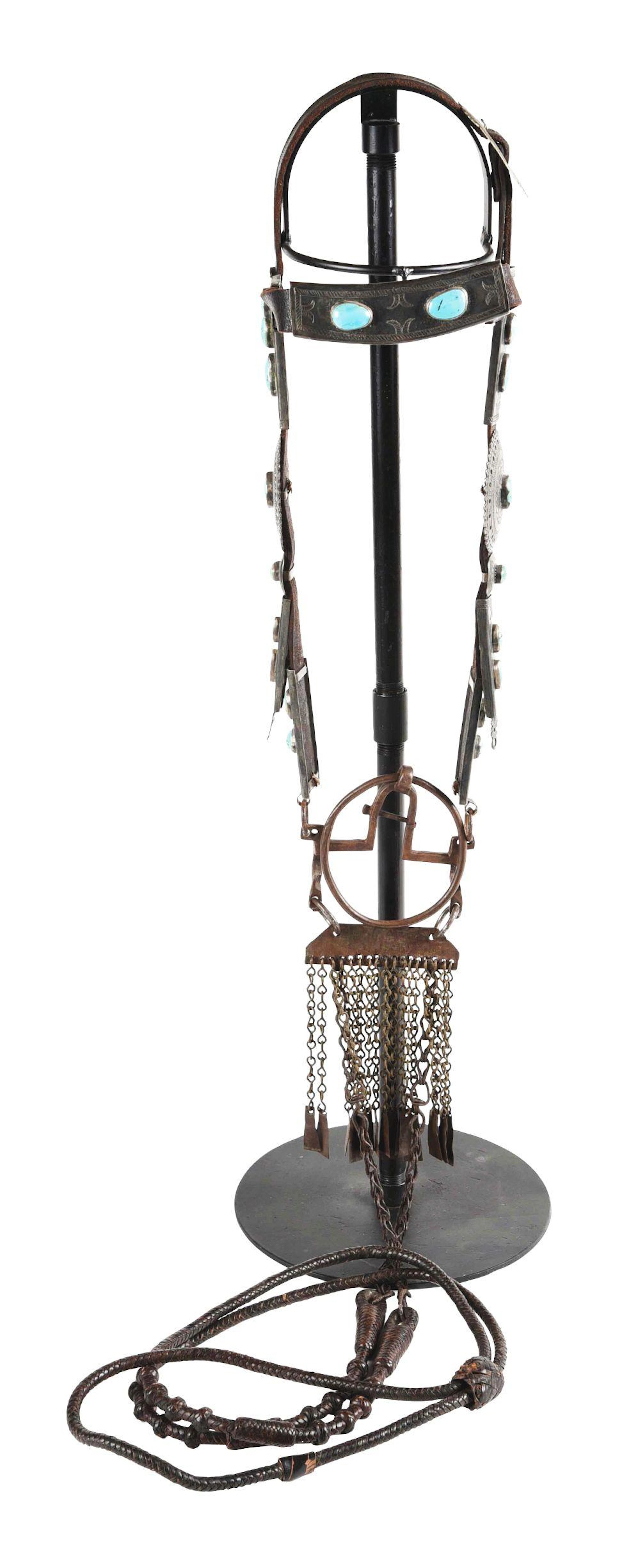 19TH CENTURY NAVAJO SILVER HEAD STALL WITH TURQUOISE STONES.