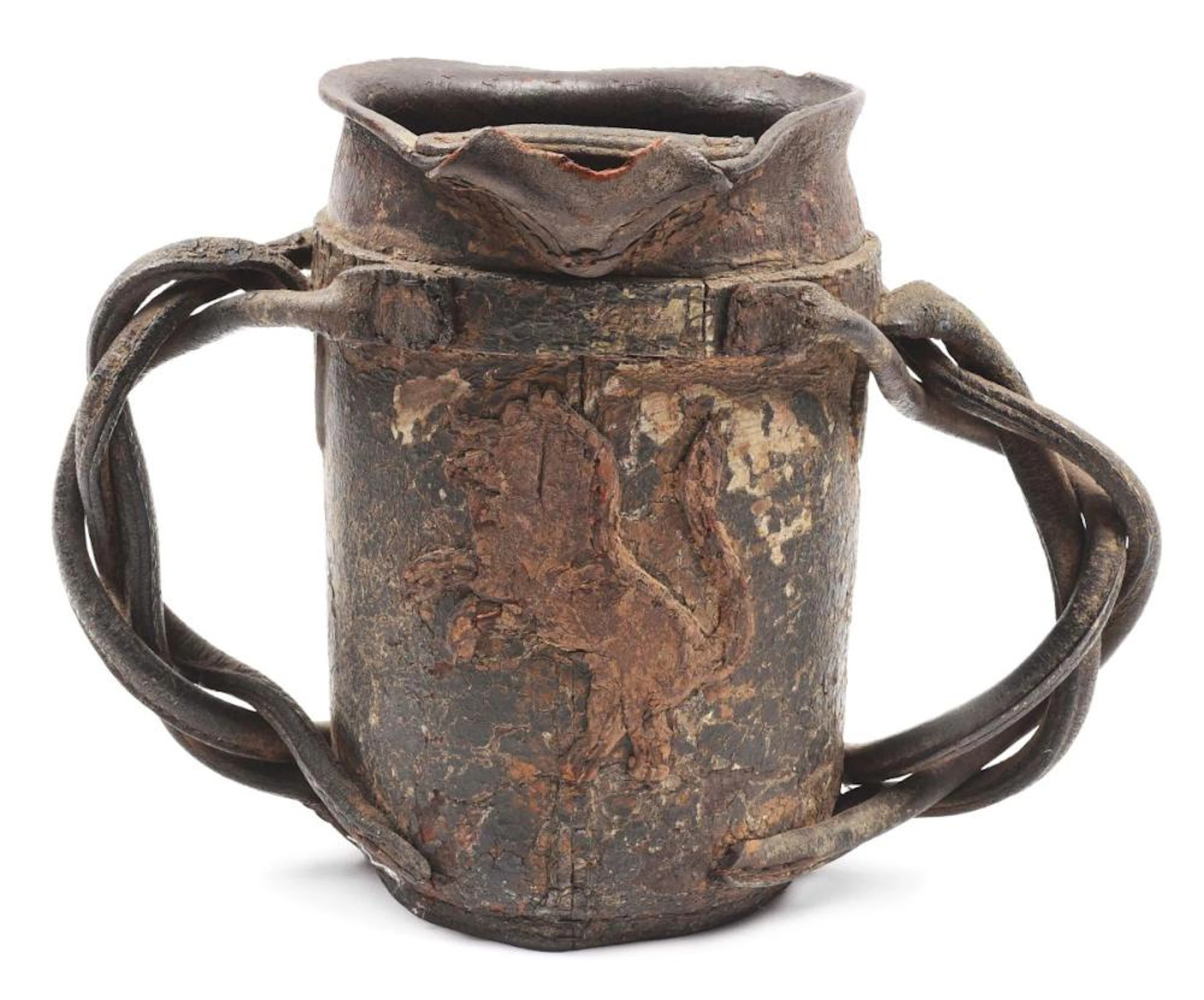 ELIZABETHAN TUDOR PERIOD LEATHER PITCHER WITH LATE MEDIEVAL PERIOD ROYAL LION.