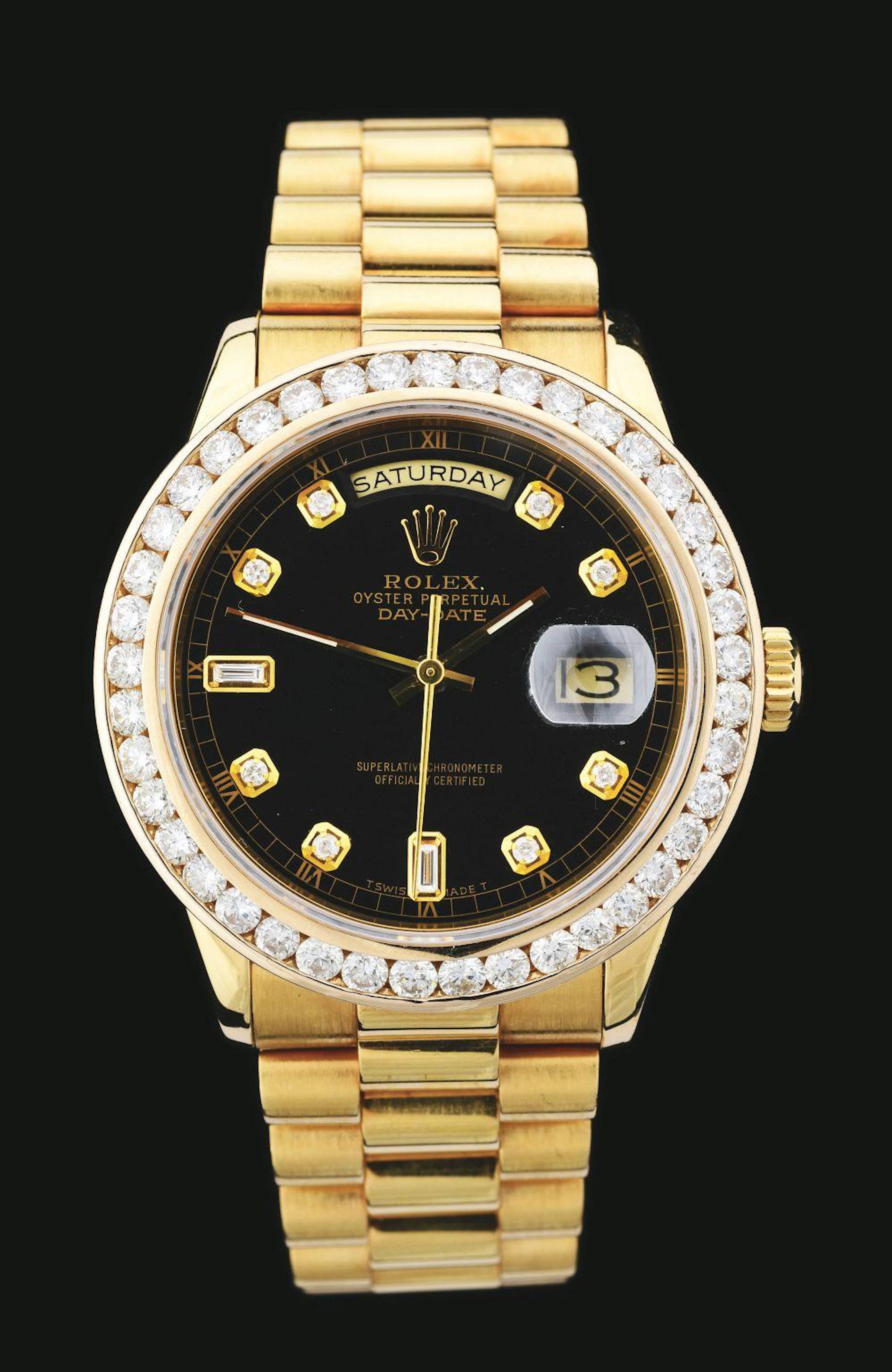 MENS 18K GOLD ROLEX PRESIDENT DAY-DATE BLACK DIAMOND DIAL W/DIAMOND BEZEL