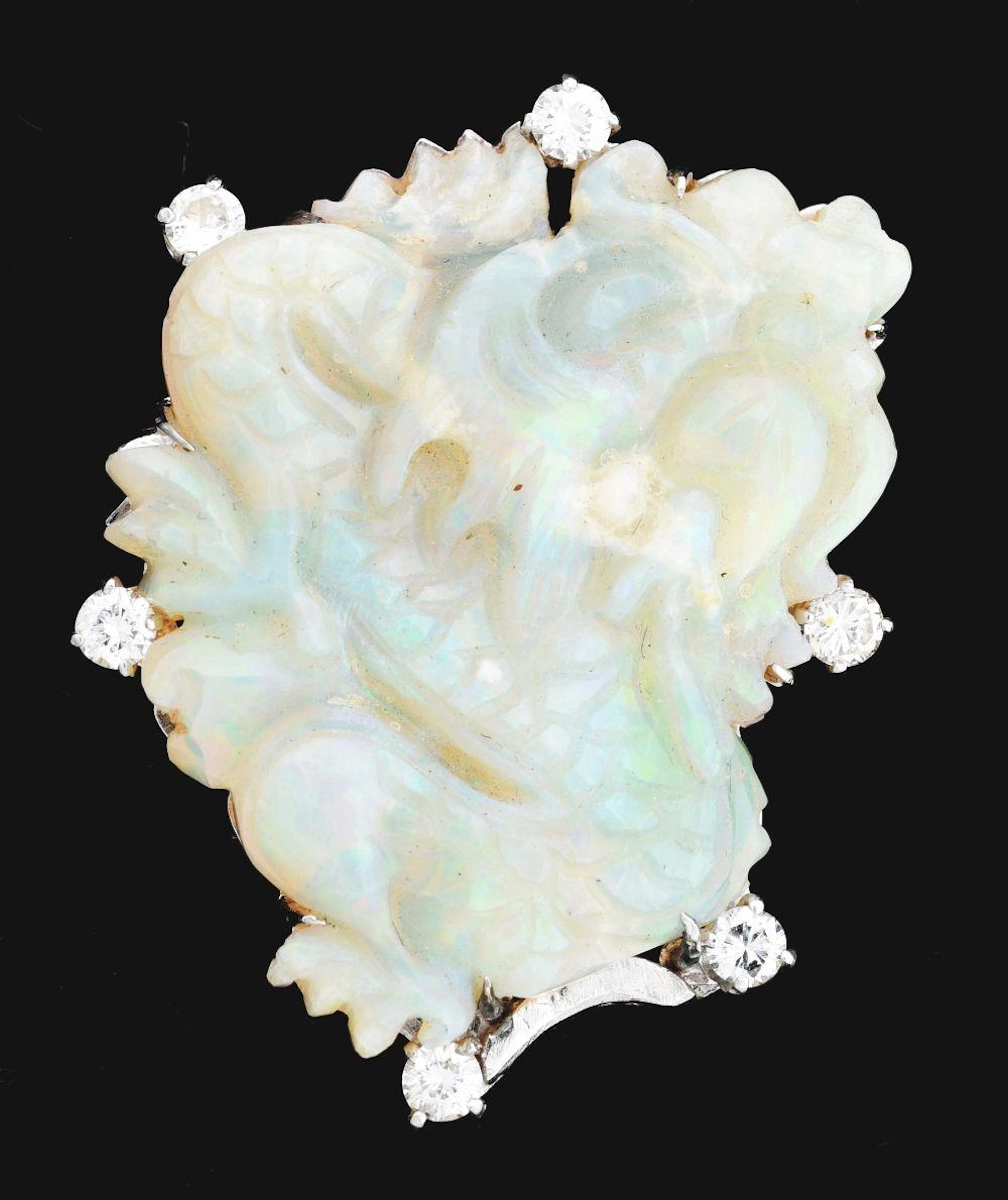 14K WHITE GOLD CARVED OPAL & DIAMOND SERPENT BROOCH.