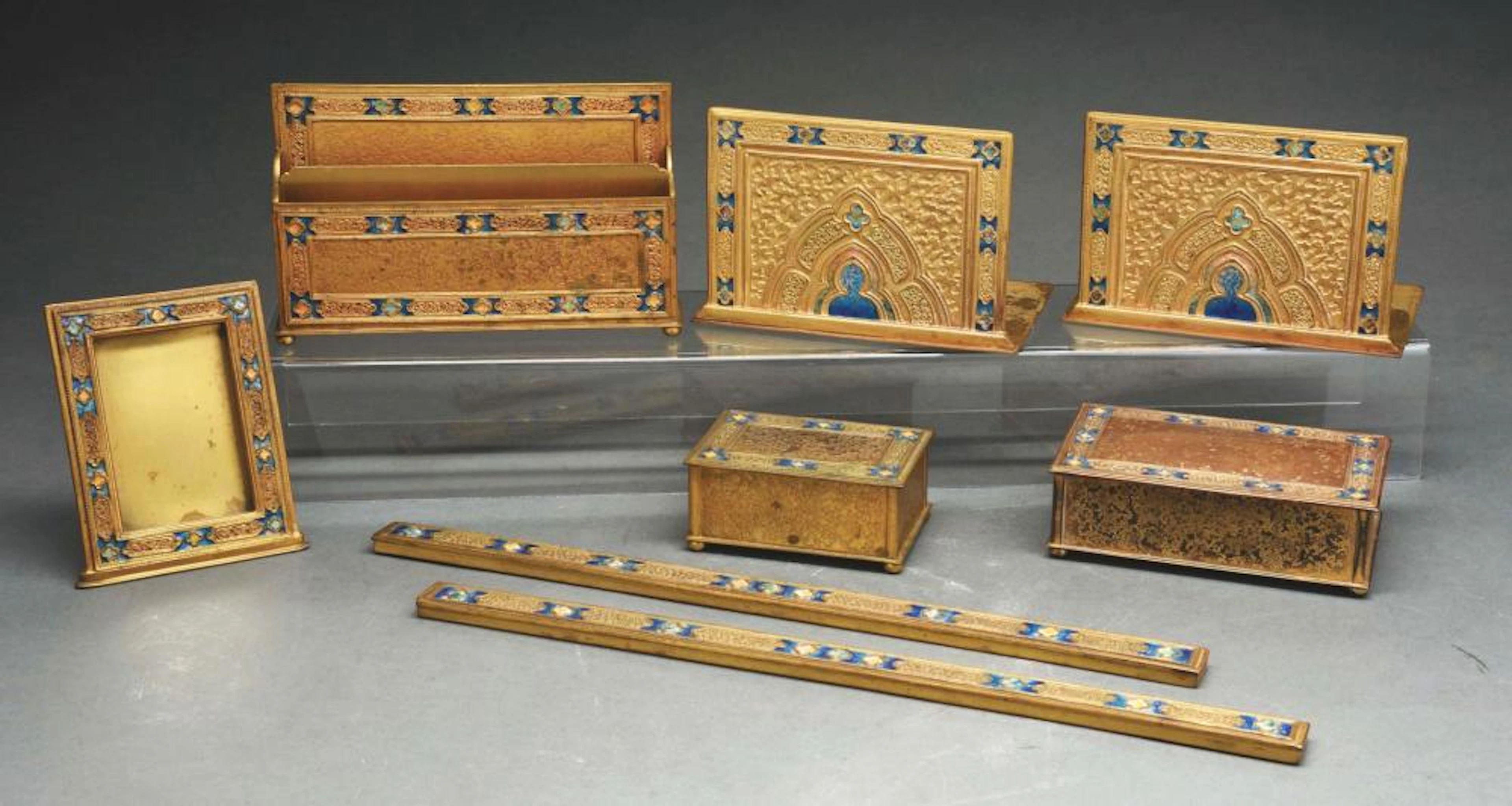 TIFFANY STUDIOS ENAMEL SIX-PIECE DESK SET.