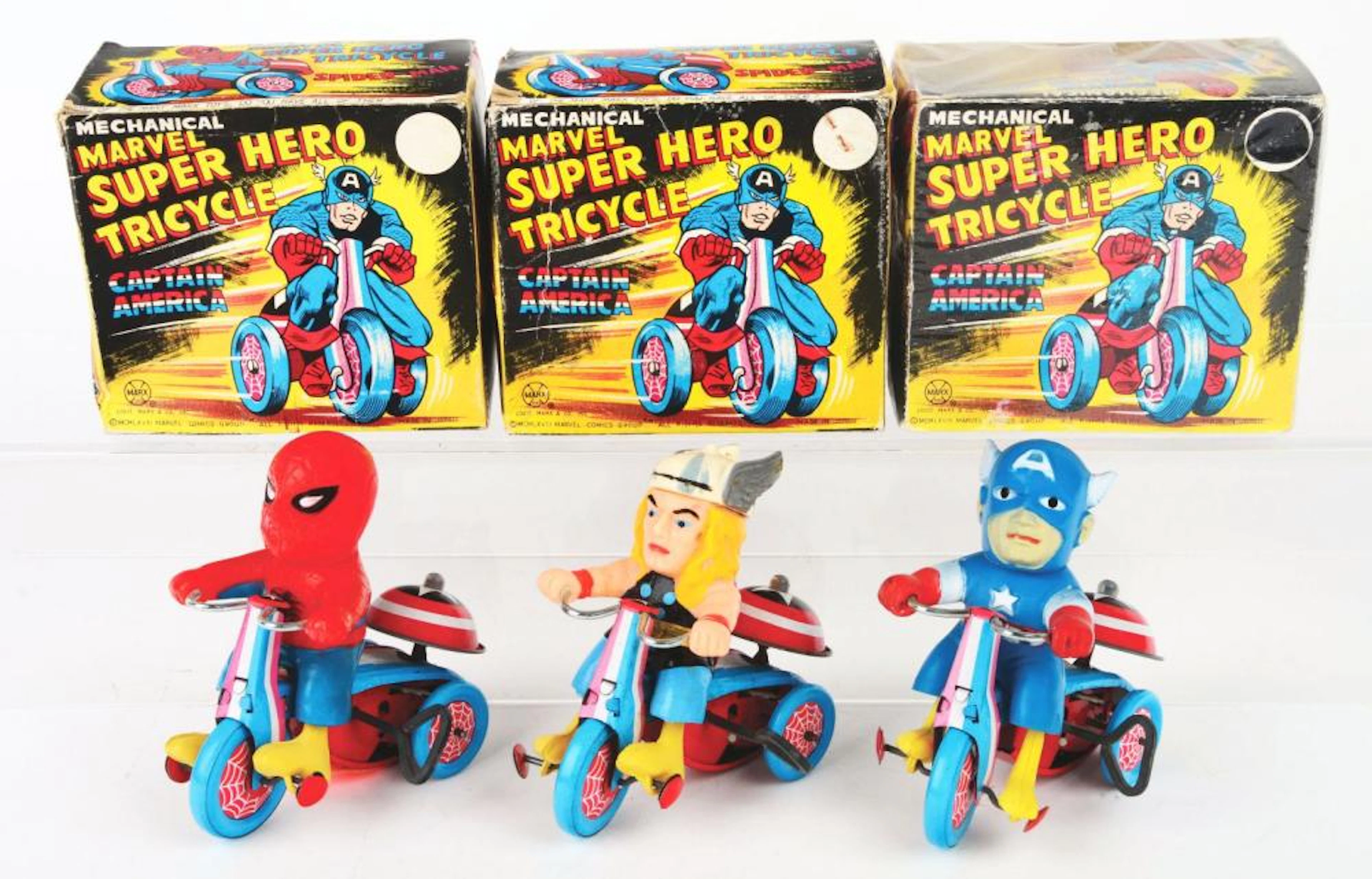 LOT OF 3: MARX MARVEL SUPER HERO TRICYCLE TOYS IN BOXES.