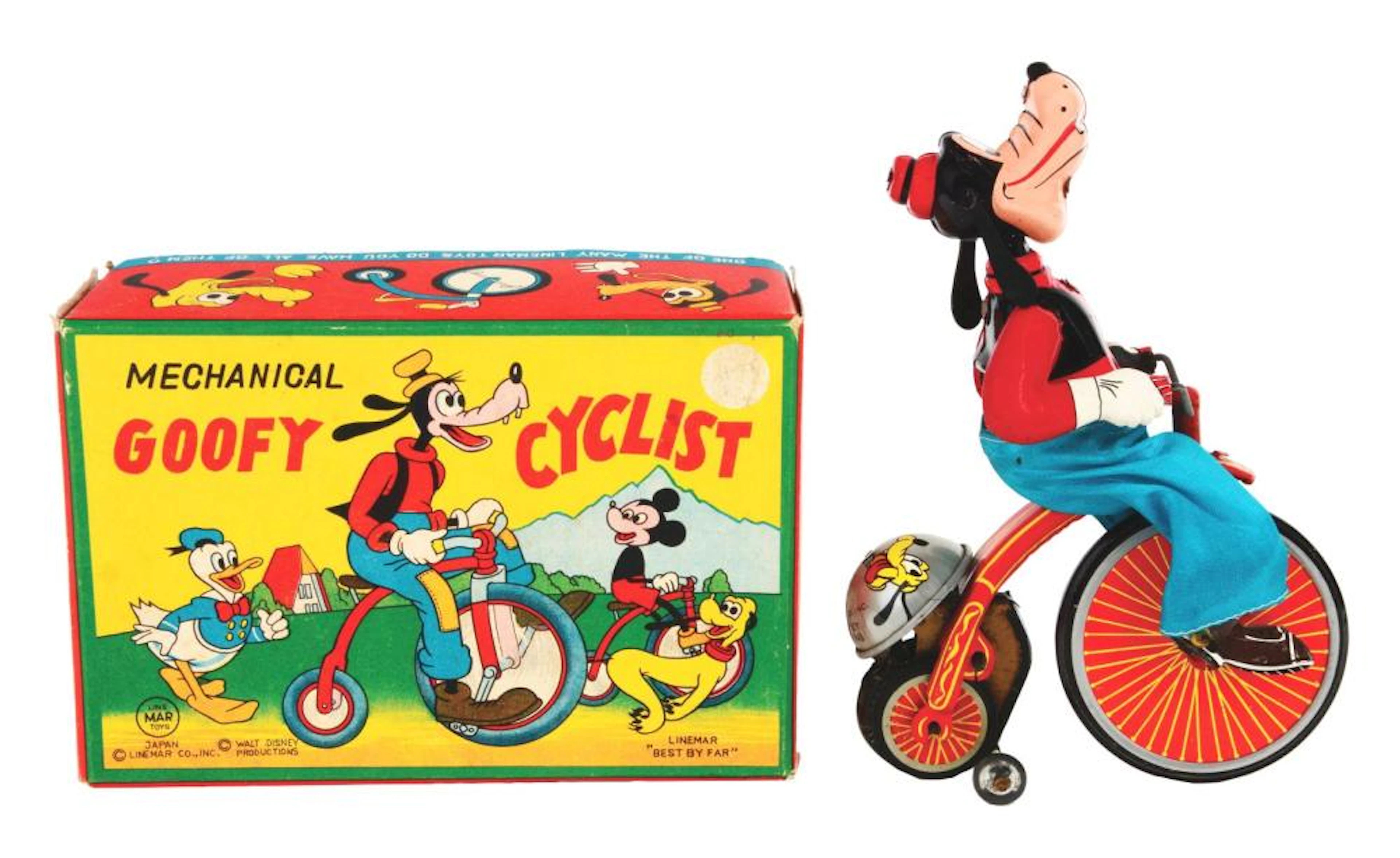 LINEMAR TIN-LITHO WIND-UP WALT DISNEY GOOFY CYCLIST TOY.